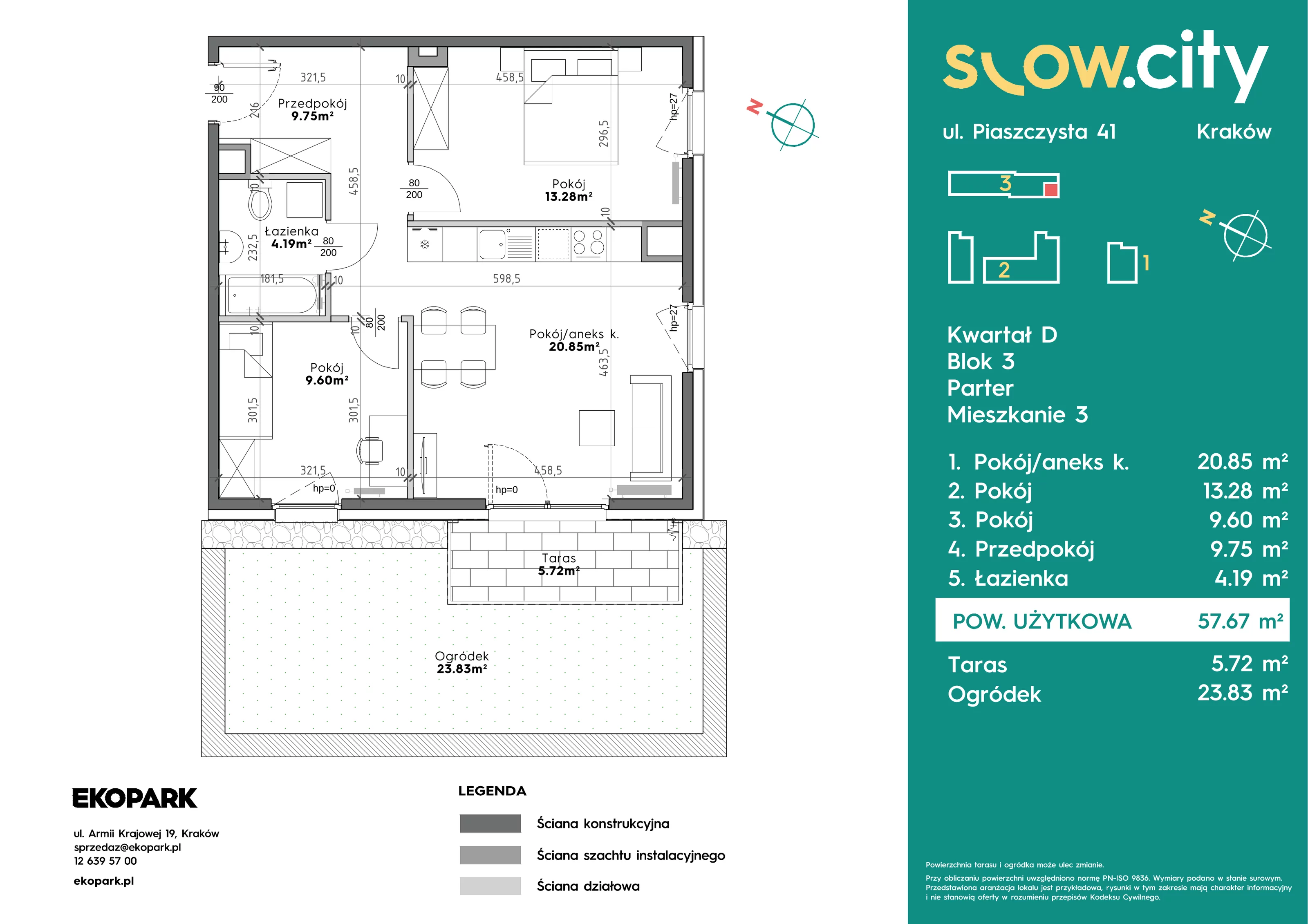 3 pokoje, mieszkanie 57,67 m², parter, oferta nr D3-3, Slow City - Etap D, Kraków, Prądnik Biały, ul. Piaszczysta