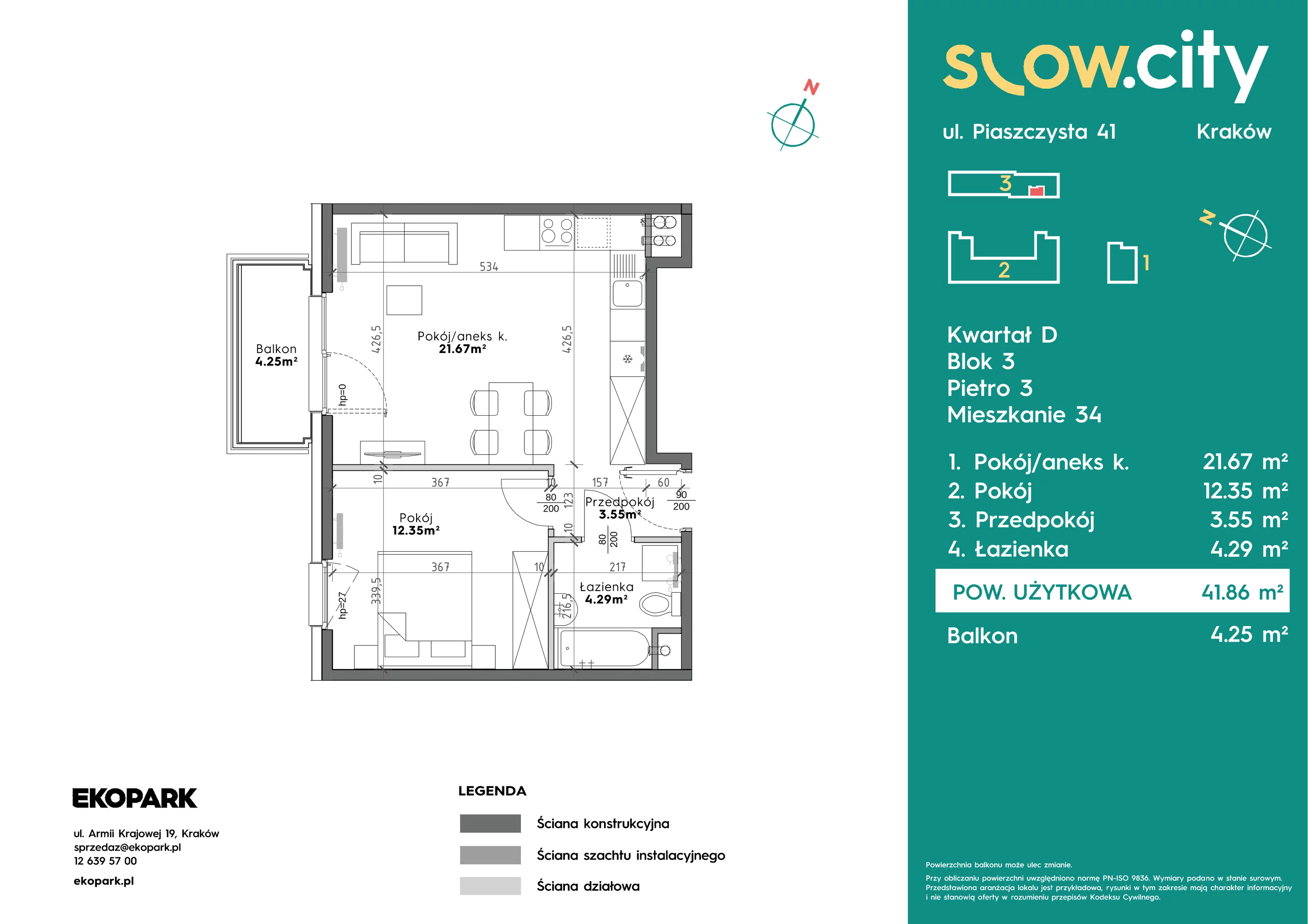 2 pokoje, mieszkanie 41,86 m², piętro 3, oferta nr D3-34, Slow City - Etap D, Kraków, Prądnik Biały, ul. Piaszczysta
