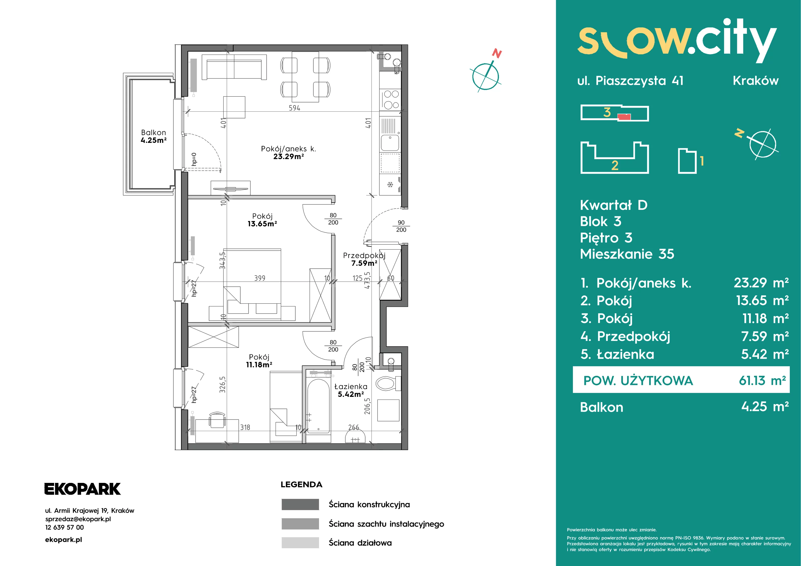 3 pokoje, mieszkanie 61,13 m², piętro 3, oferta nr D3-35, Slow City - Etap D, Kraków, Prądnik Biały, ul. Piaszczysta