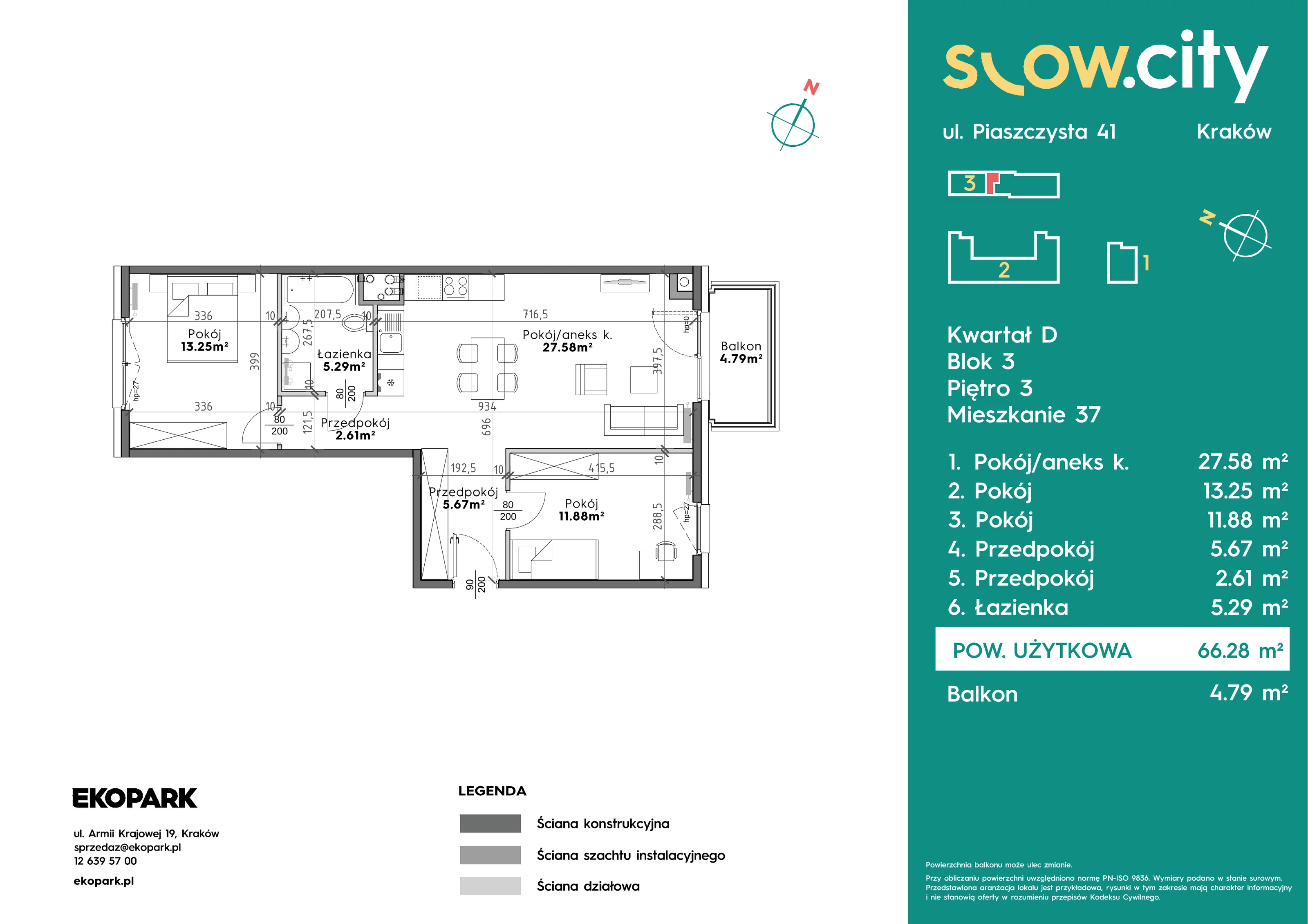 3 pokoje, mieszkanie 66,28 m², piętro 3, oferta nr D3-37, Slow City - Etap D, Kraków, Prądnik Biały, ul. Piaszczysta