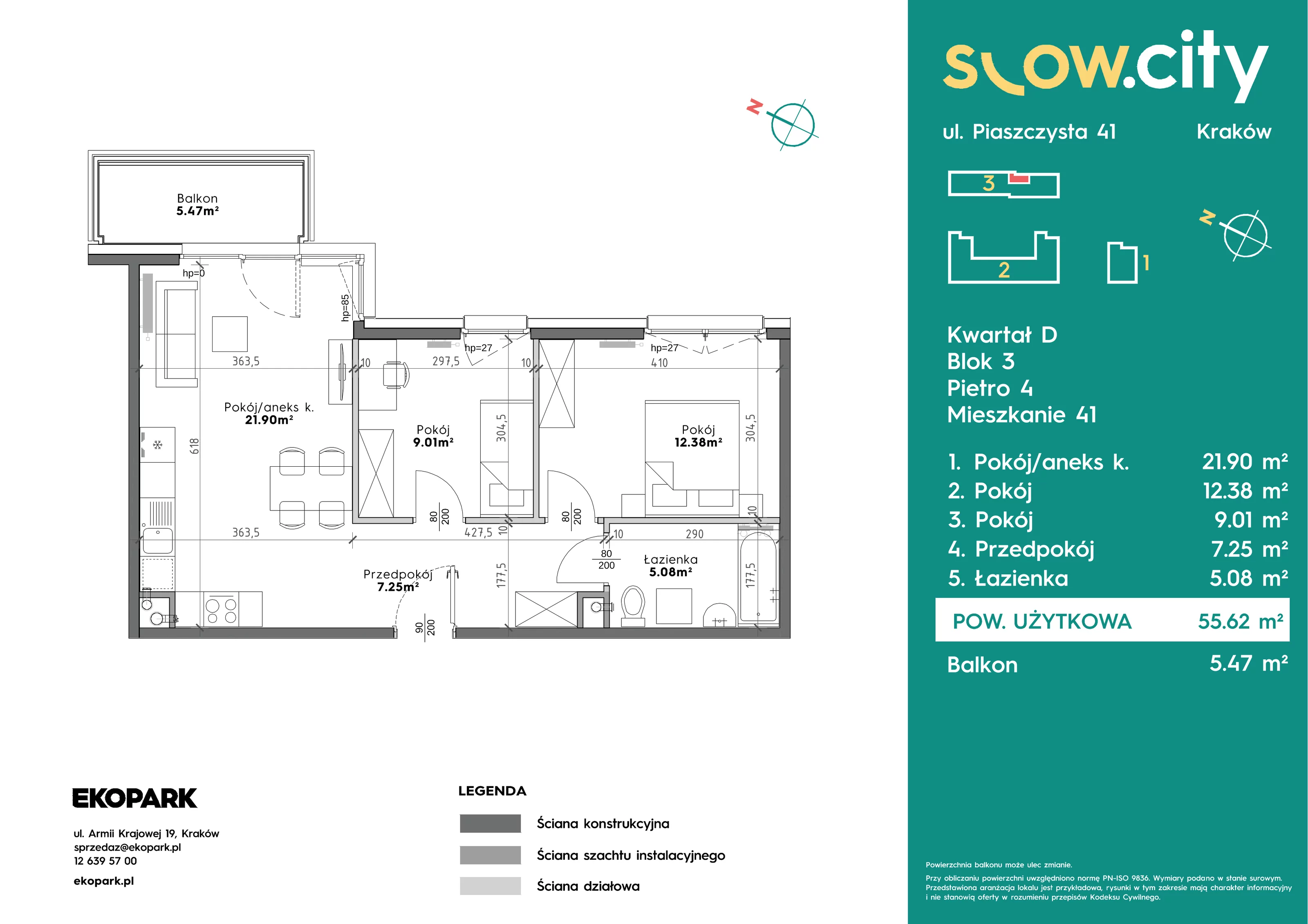3 pokoje, mieszkanie 55,62 m², piętro 4, oferta nr D3-41, Slow City - Etap D, Kraków, Prądnik Biały, ul. Piaszczysta