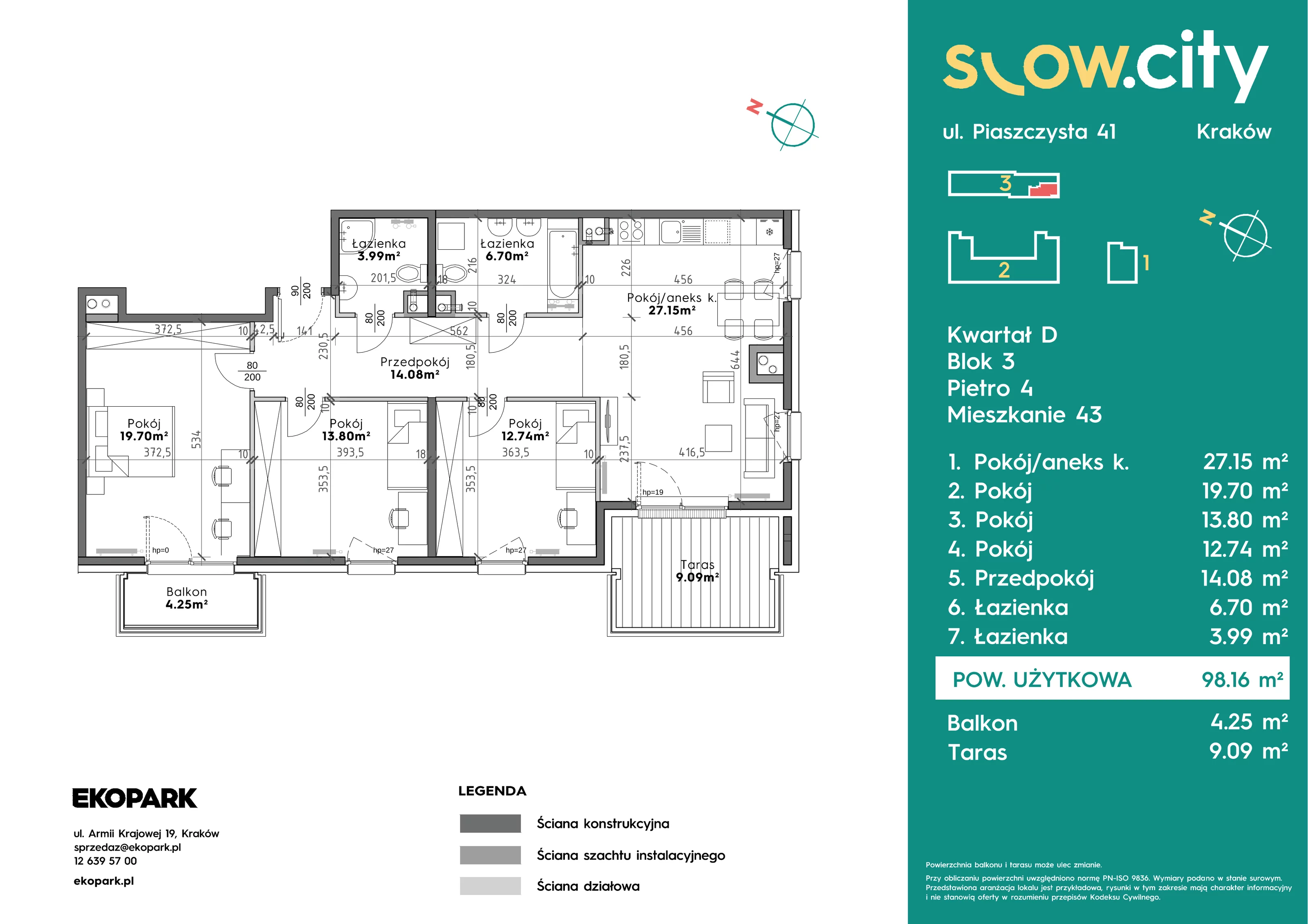 4 pokoje, mieszkanie 98,16 m², piętro 4, oferta nr D3-43, Slow City - Etap D, Kraków, Prądnik Biały, ul. Piaszczysta