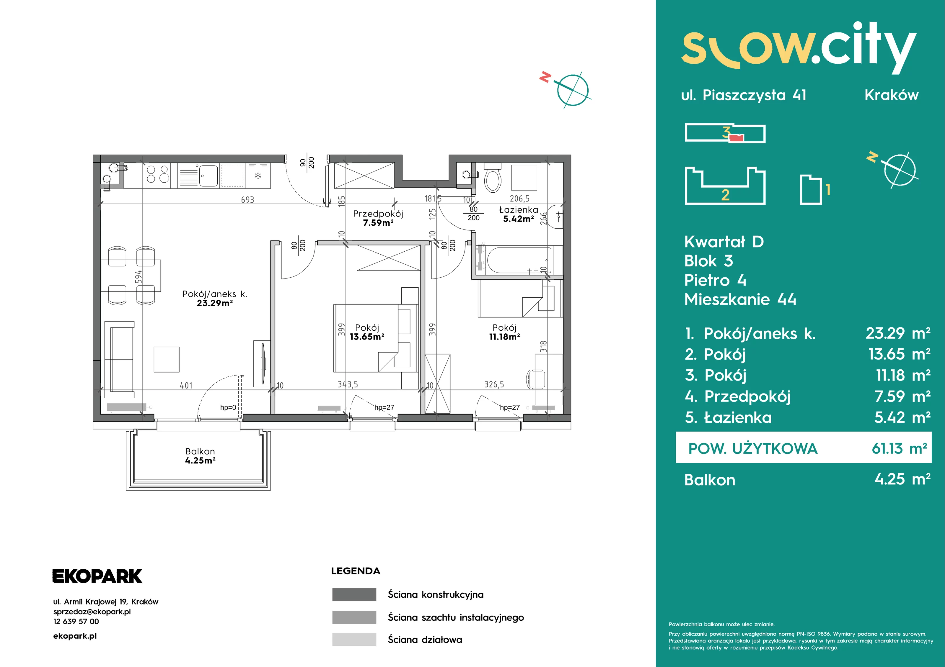 3 pokoje, mieszkanie 61,13 m², piętro 4, oferta nr D3-44, Slow City - Etap D, Kraków, Prądnik Biały, ul. Piaszczysta