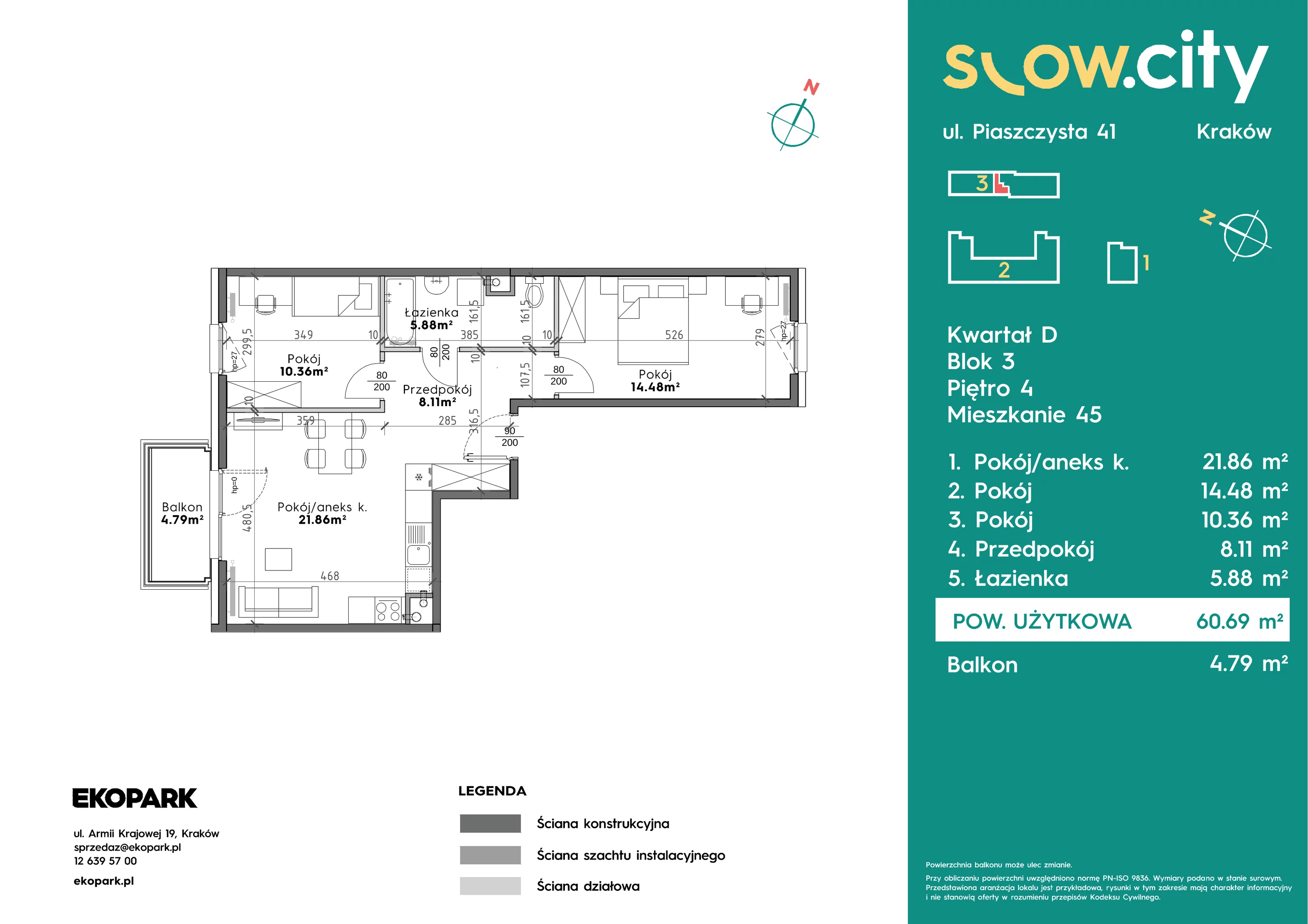 3 pokoje, mieszkanie 60,69 m², piętro 4, oferta nr D3-45, Slow City - Etap D, Kraków, Prądnik Biały, ul. Piaszczysta