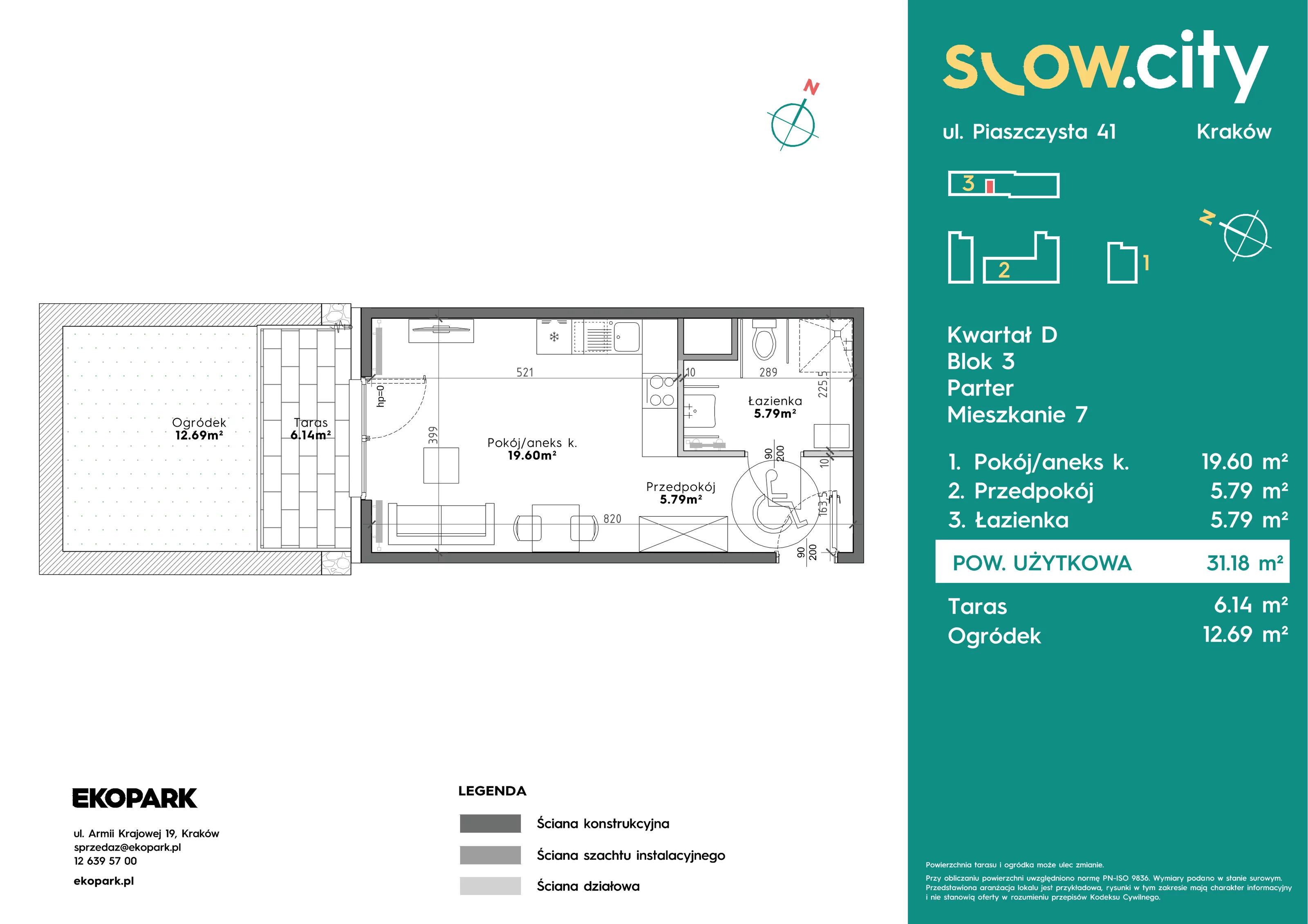1 pokój, mieszkanie 31,18 m², parter, oferta nr D3-7, Slow City - Etap D, Kraków, Prądnik Biały, ul. Piaszczysta