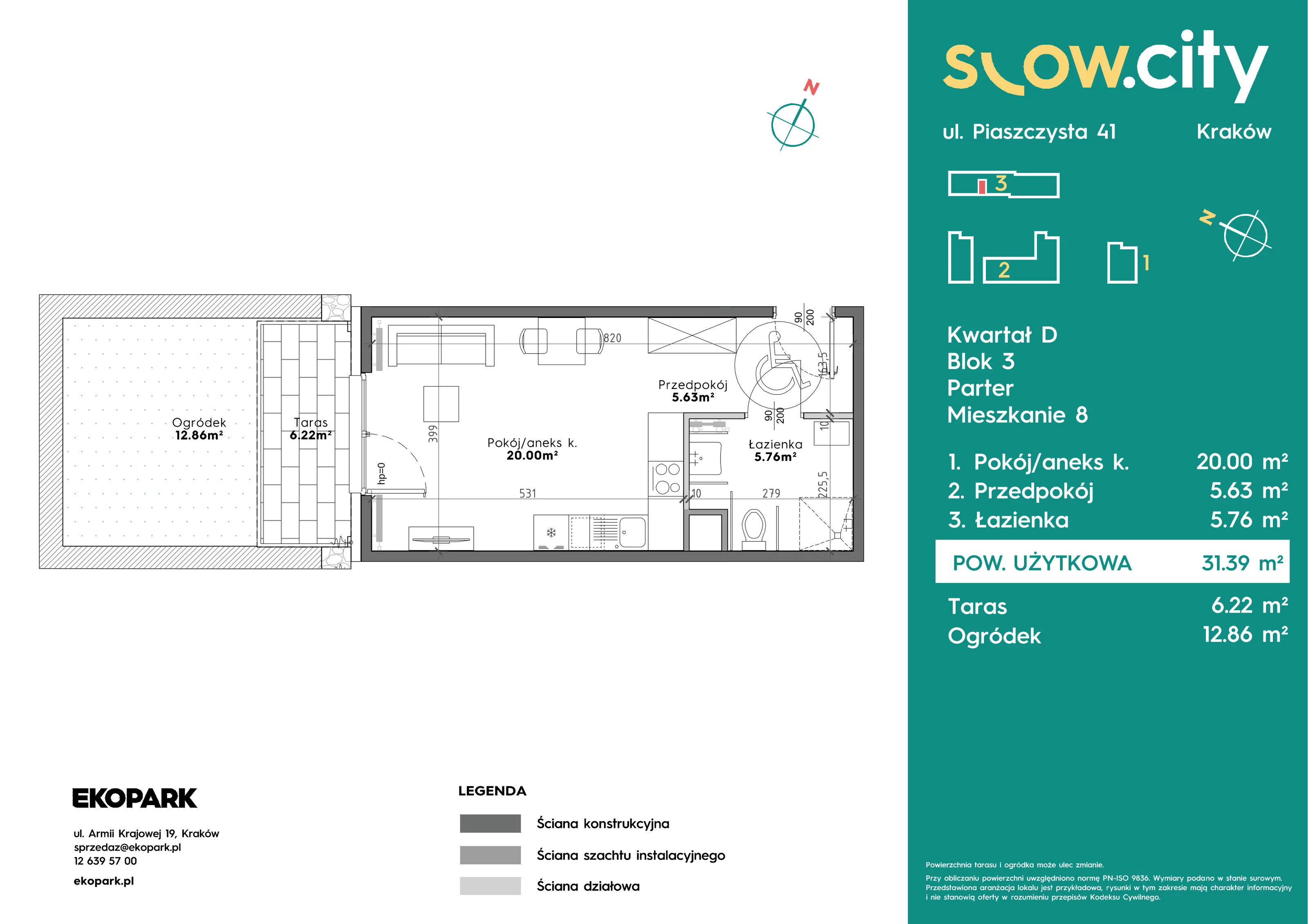 1 pokój, mieszkanie 31,39 m², parter, oferta nr D3-8, Slow City - Etap D, Kraków, Prądnik Biały, ul. Piaszczysta