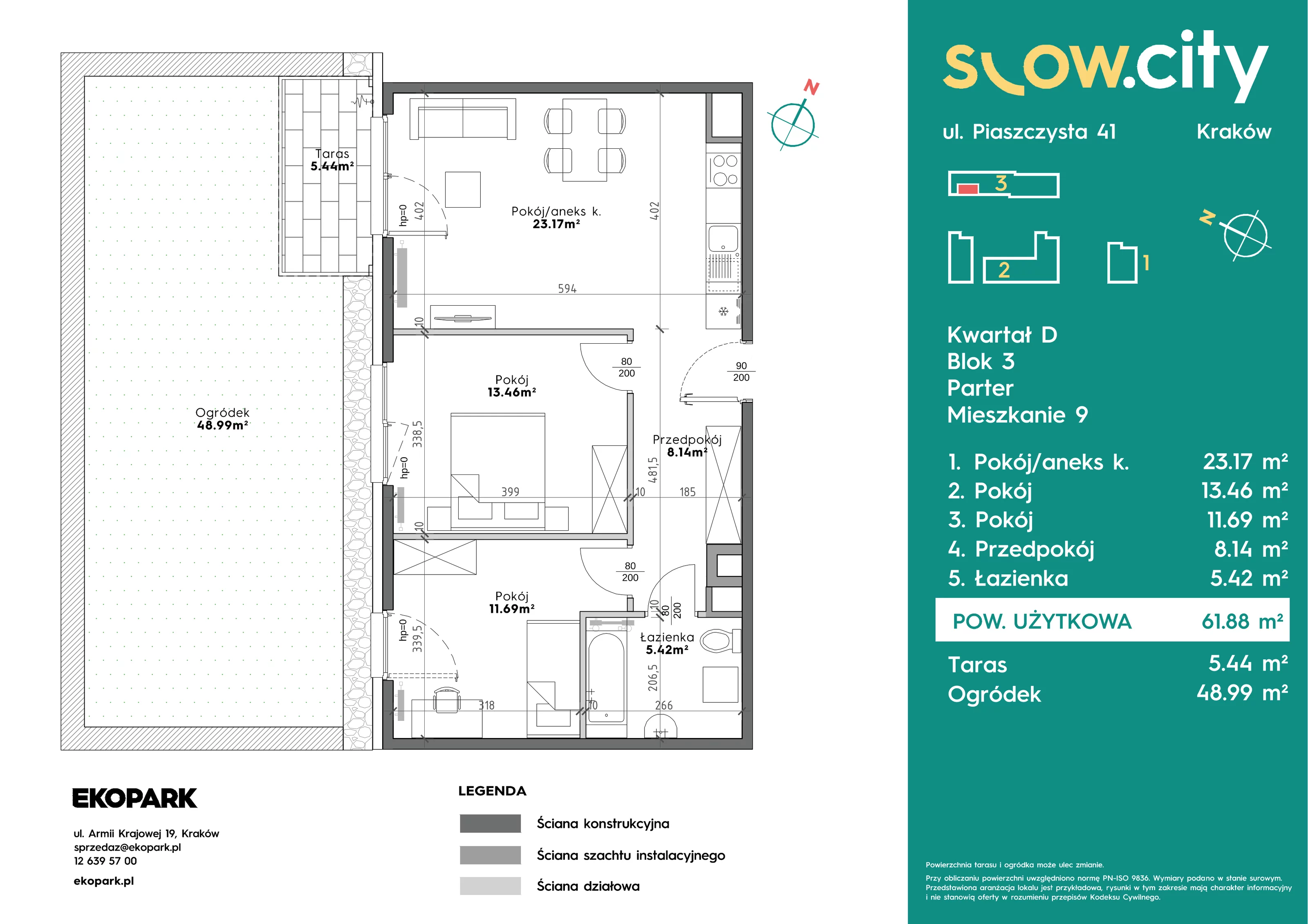 3 pokoje, mieszkanie 61,88 m², parter, oferta nr D3-9, Slow City - Etap D, Kraków, Prądnik Biały, ul. Piaszczysta