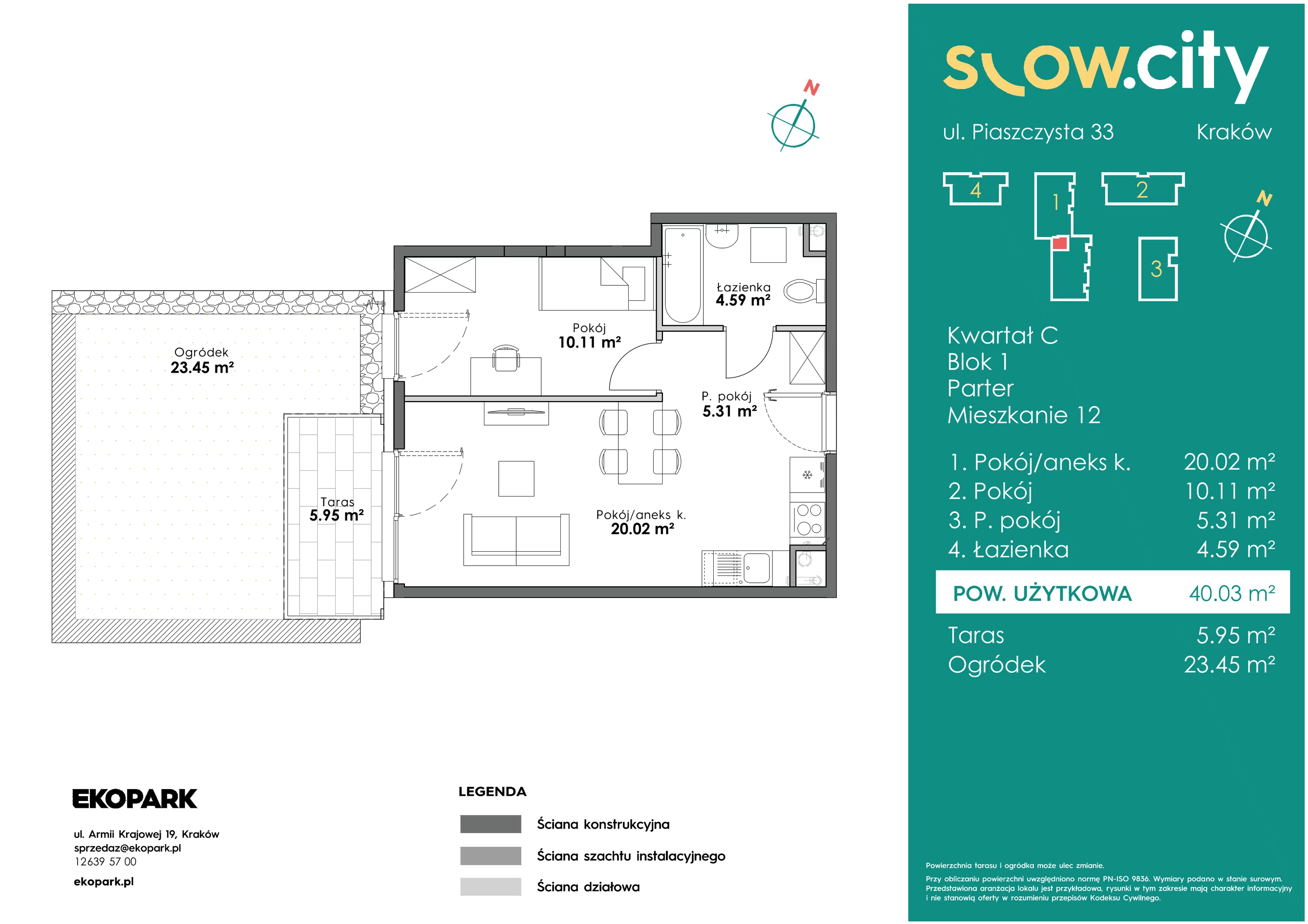 2 pokoje, mieszkanie 40,03 m², parter, oferta nr C1-12, Slow City, Kraków, Prądnik Biały, ul. Piaszczysta