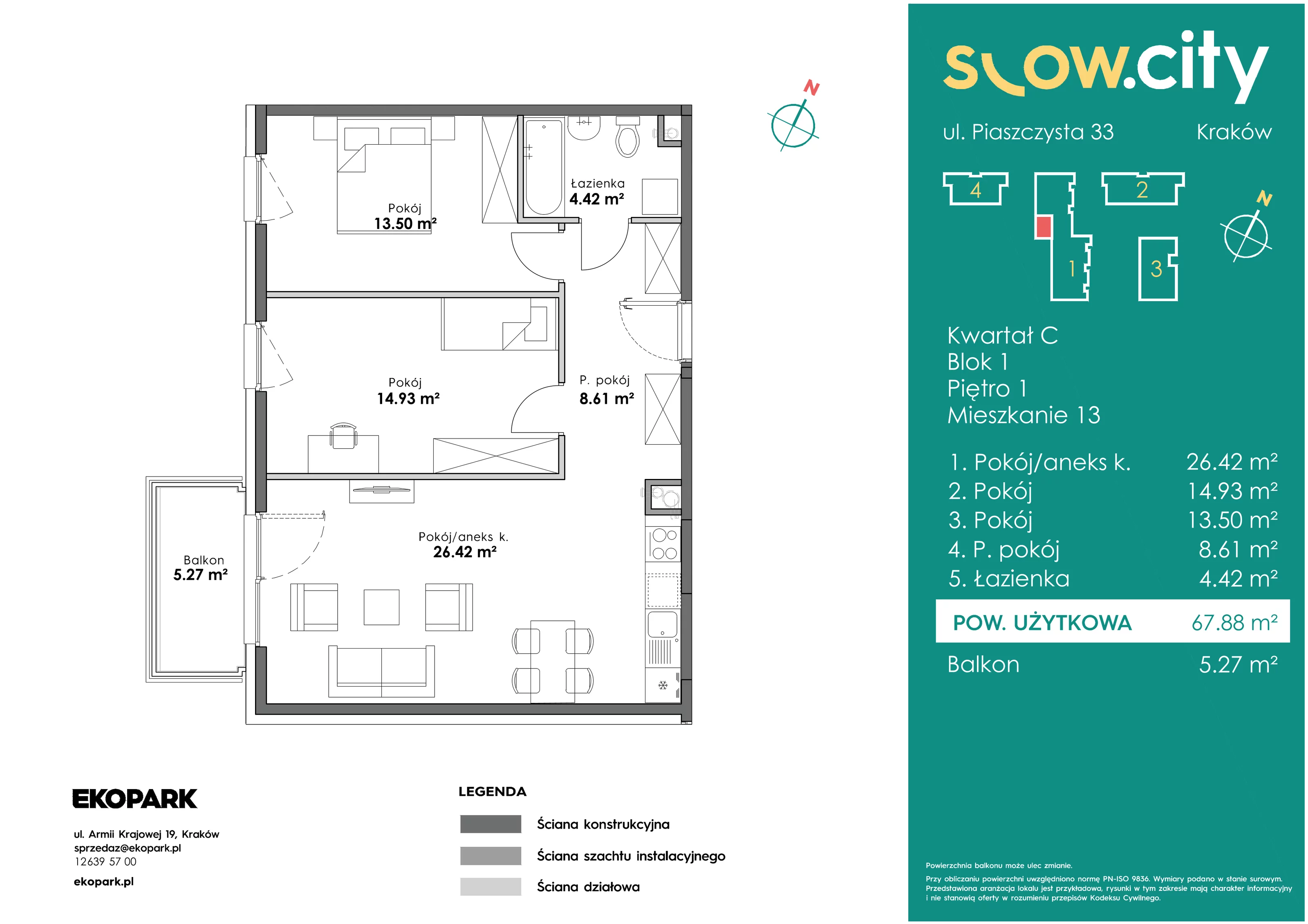3 pokoje, mieszkanie 67,88 m², piętro 1, oferta nr C1-13, Slow City, Kraków, Prądnik Biały, ul. Piaszczysta