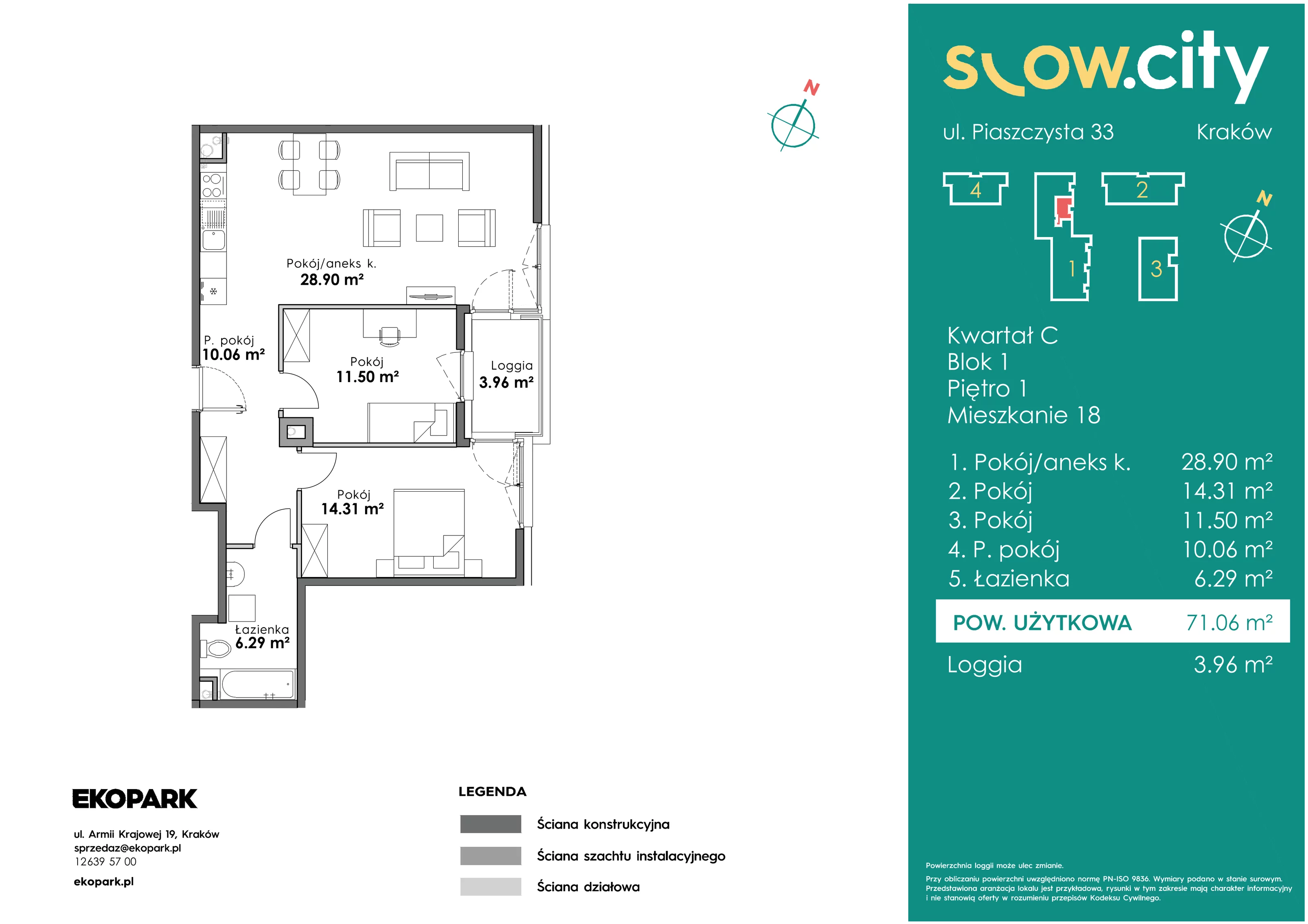 3 pokoje, mieszkanie 71,06 m², piętro 1, oferta nr C1-18, Slow City, Kraków, Prądnik Biały, ul. Piaszczysta