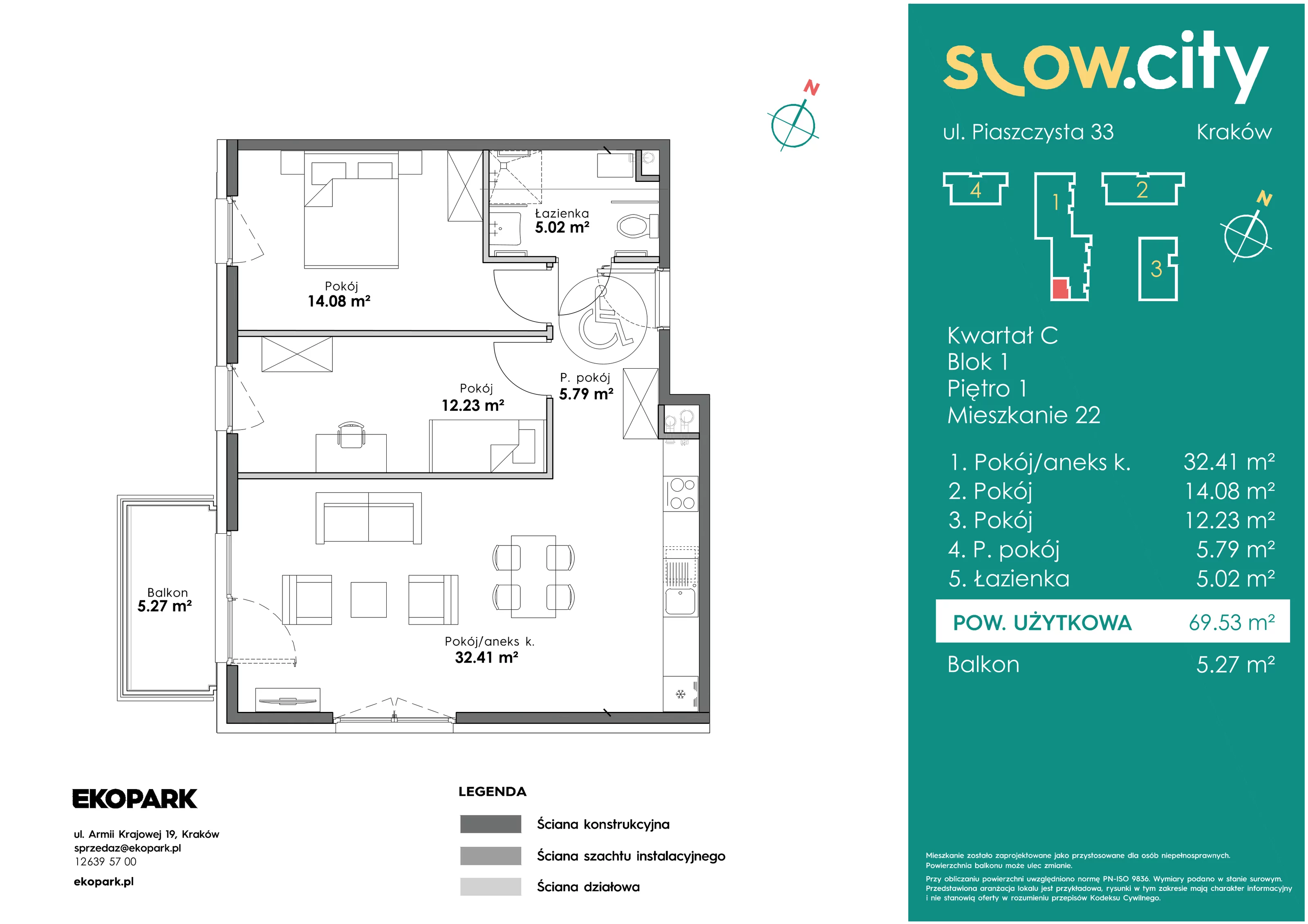 3 pokoje, mieszkanie 69,53 m², piętro 1, oferta nr C1-22, Slow City, Kraków, Prądnik Biały, ul. Piaszczysta