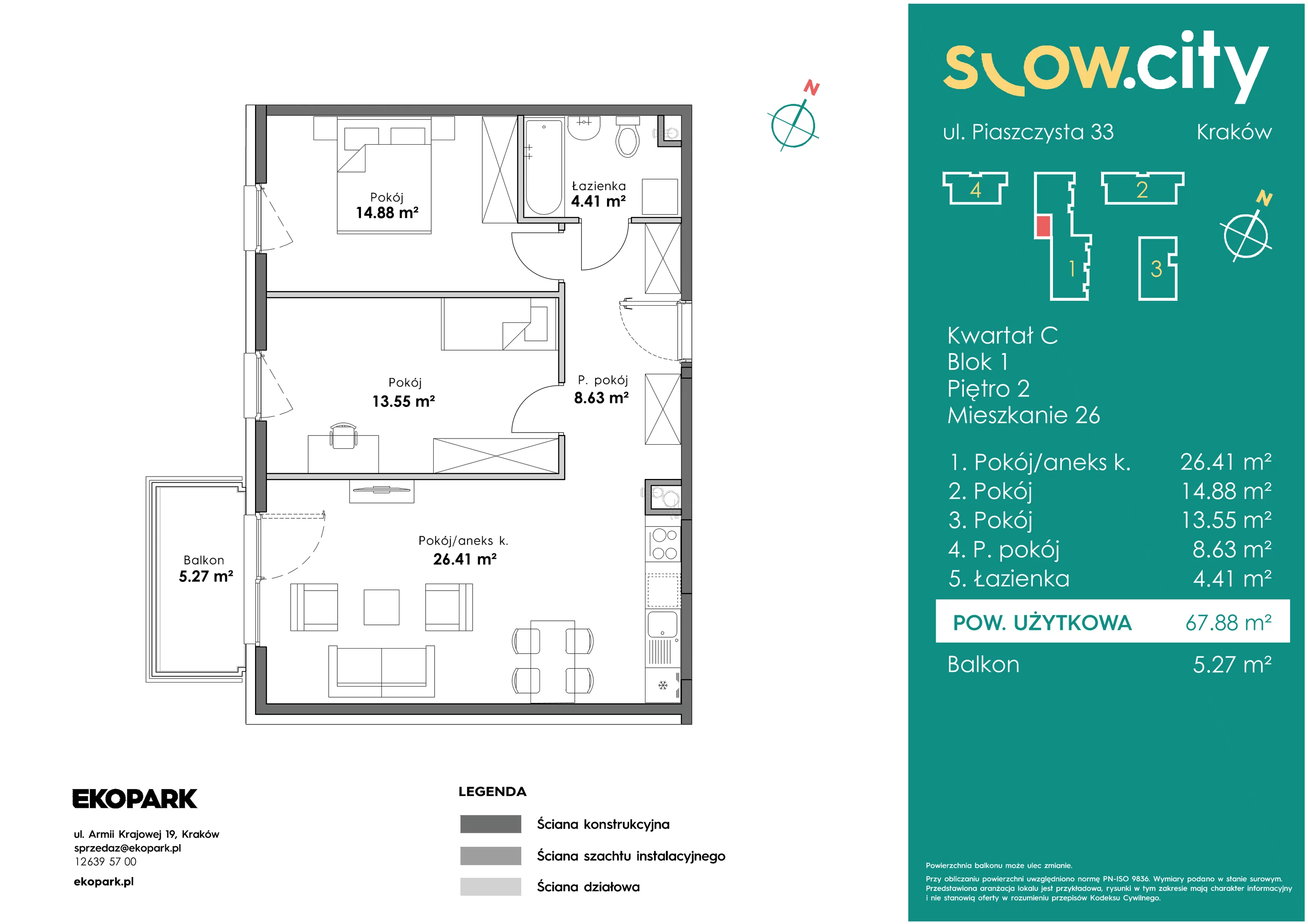 3 pokoje, mieszkanie 67,88 m², piętro 2, oferta nr C1-26, Slow City, Kraków, Prądnik Biały, ul. Piaszczysta