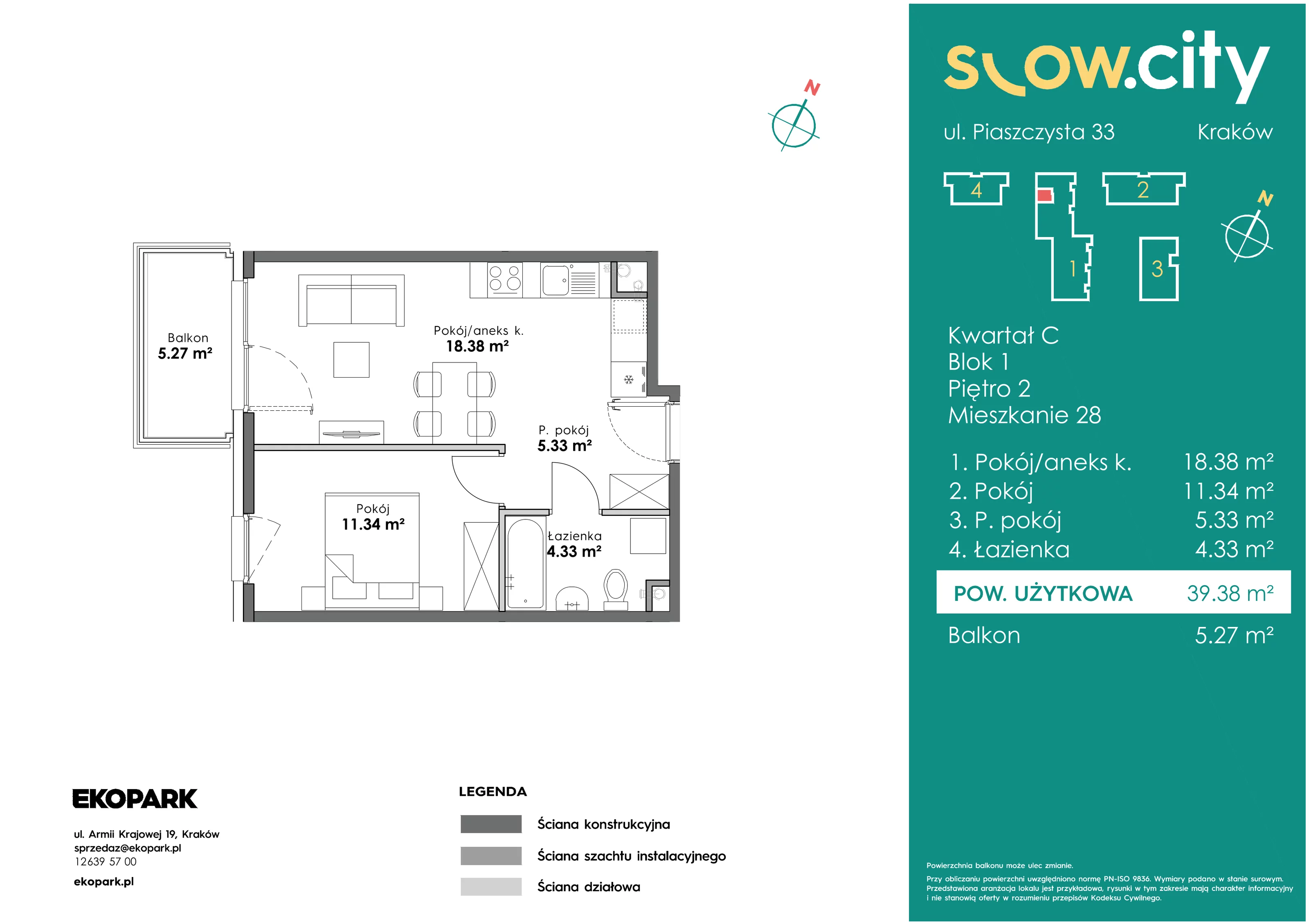 2 pokoje, mieszkanie 39,38 m², piętro 2, oferta nr C1-28, Slow City, Kraków, Prądnik Biały, ul. Piaszczysta