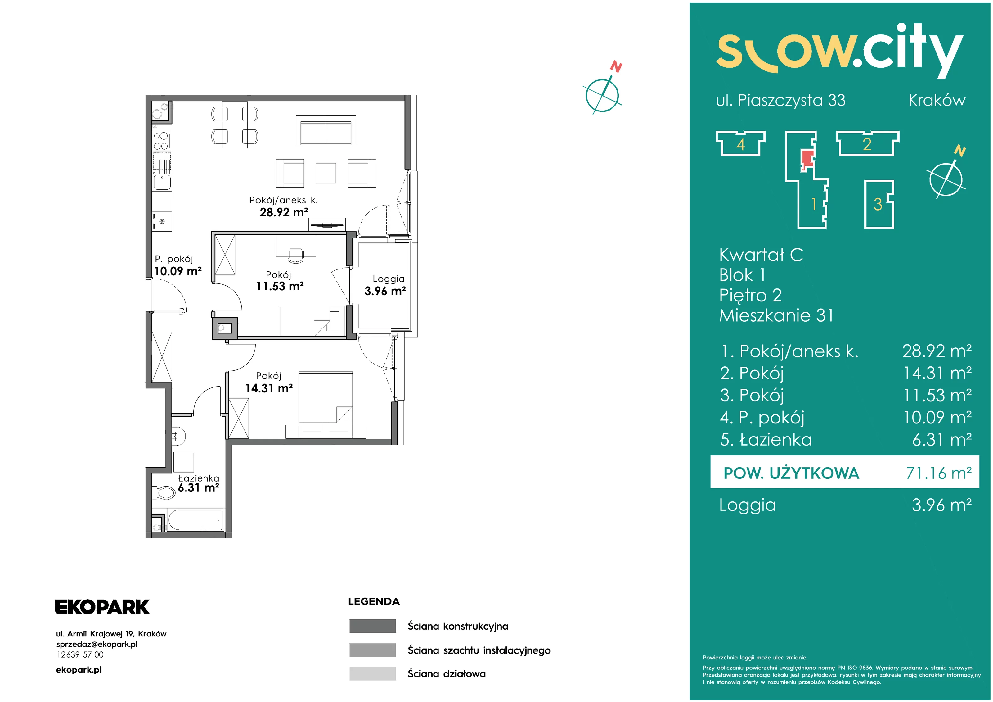 3 pokoje, mieszkanie 71,16 m², piętro 2, oferta nr C1-31, Slow City, Kraków, Prądnik Biały, ul. Piaszczysta