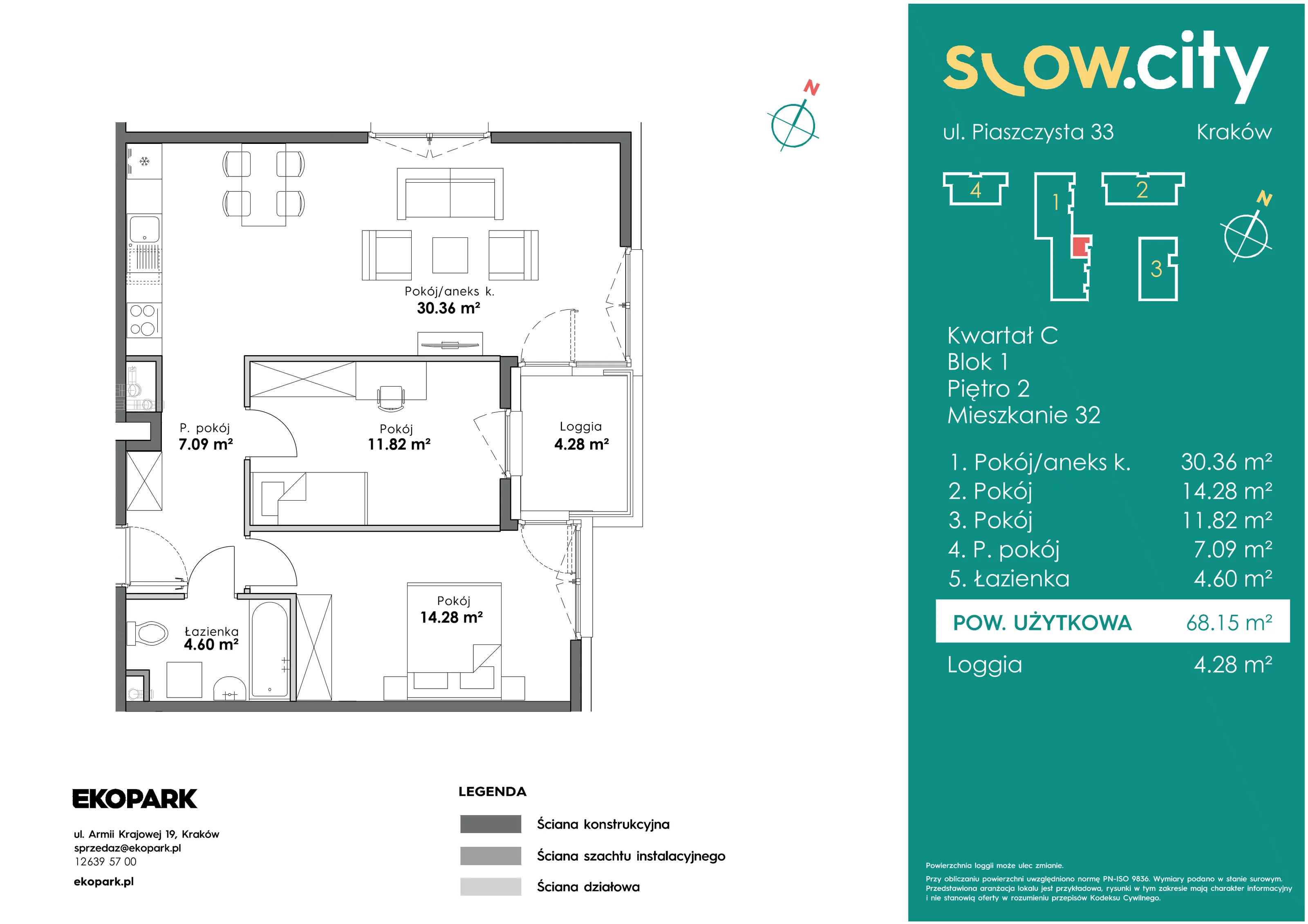 3 pokoje, mieszkanie 68,15 m², piętro 2, oferta nr C1-32, Slow City, Kraków, Prądnik Biały, ul. Piaszczysta