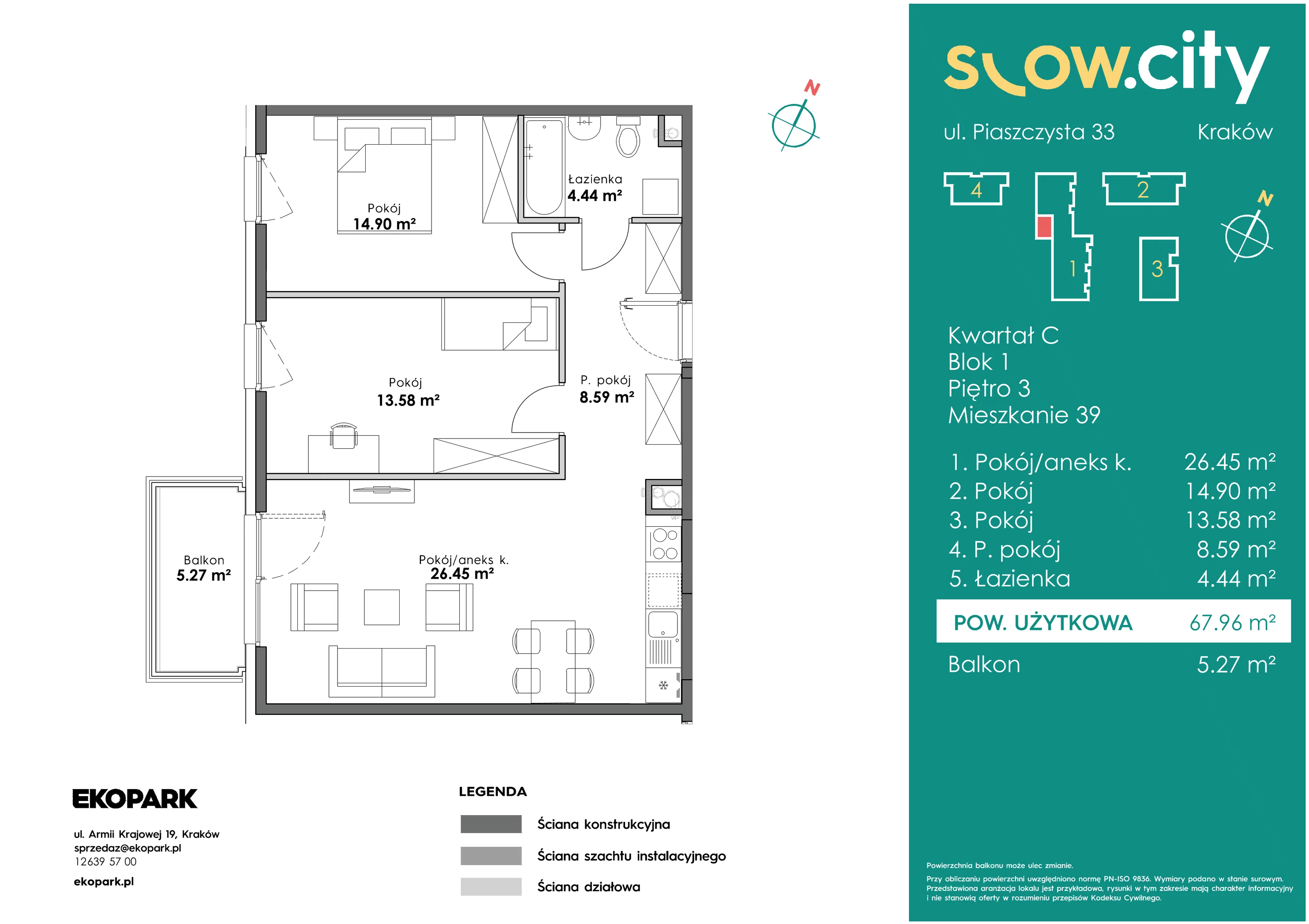 3 pokoje, mieszkanie 67,96 m², piętro 3, oferta nr C1-39, Slow City, Kraków, Prądnik Biały, ul. Piaszczysta