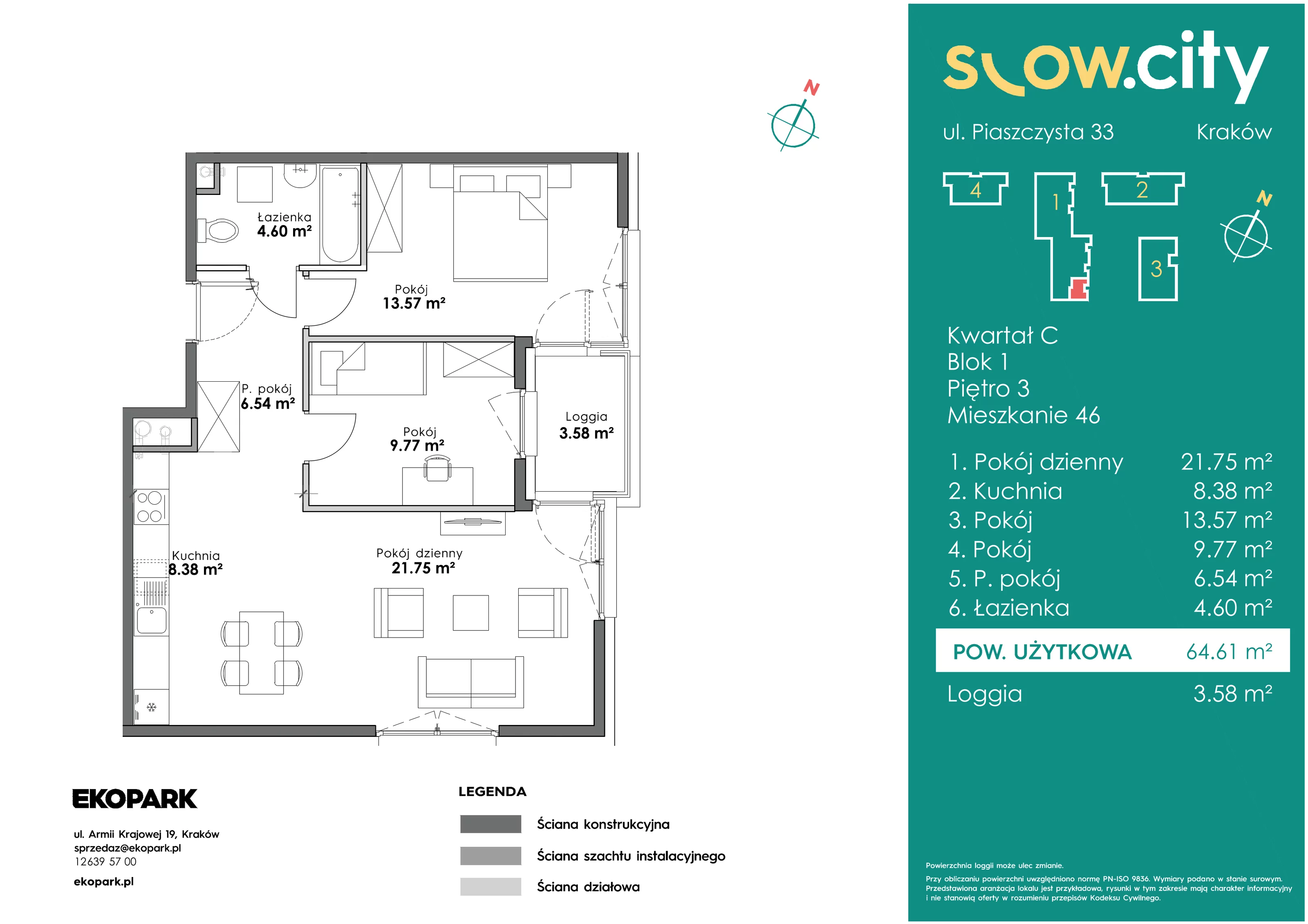 3 pokoje, mieszkanie 64,61 m², piętro 3, oferta nr C1-46, Slow City, Kraków, Prądnik Biały, ul. Piaszczysta