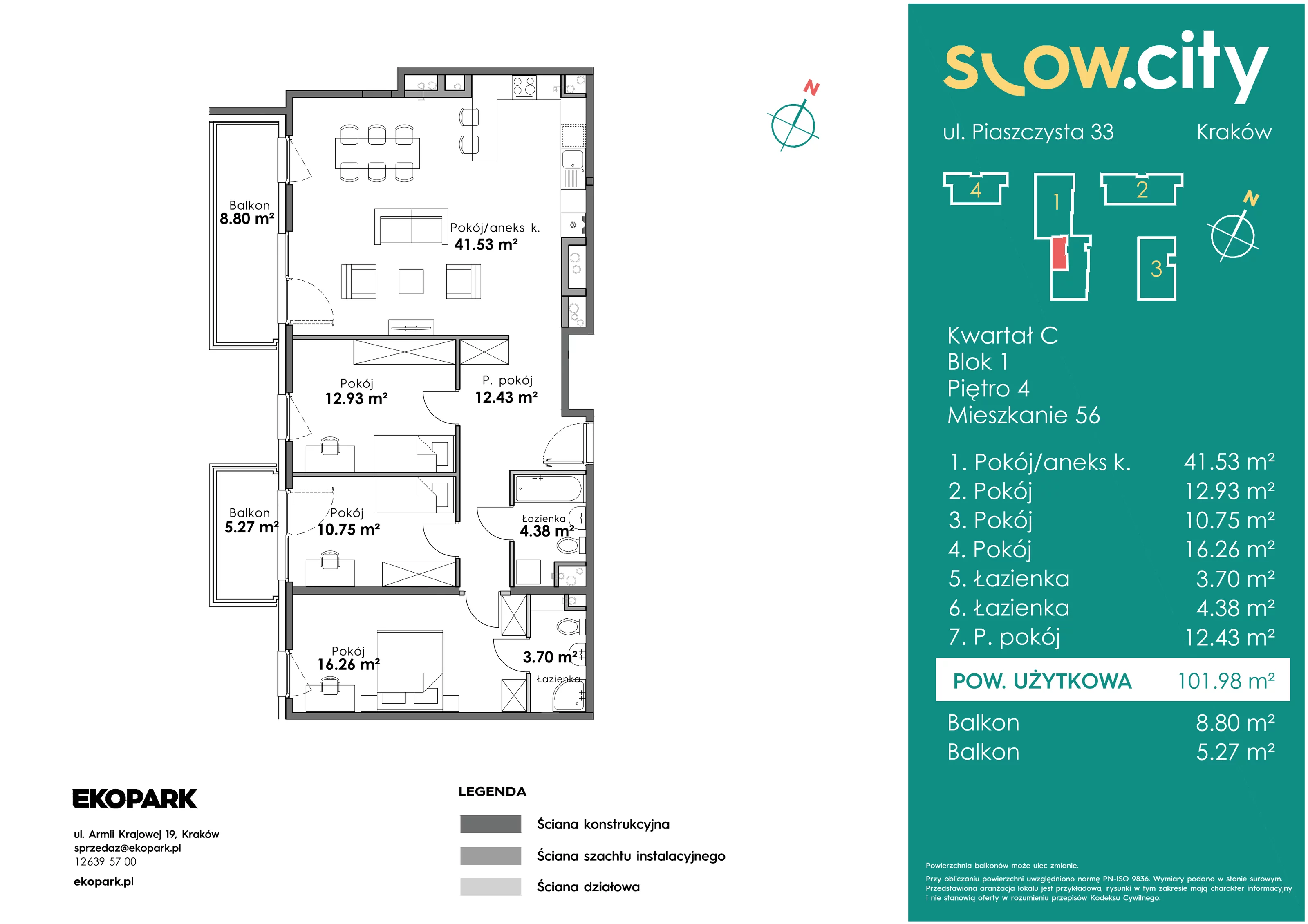 4 pokoje, mieszkanie 101,98 m², piętro 4, oferta nr C1-56, Slow City, Kraków, Prądnik Biały, ul. Piaszczysta