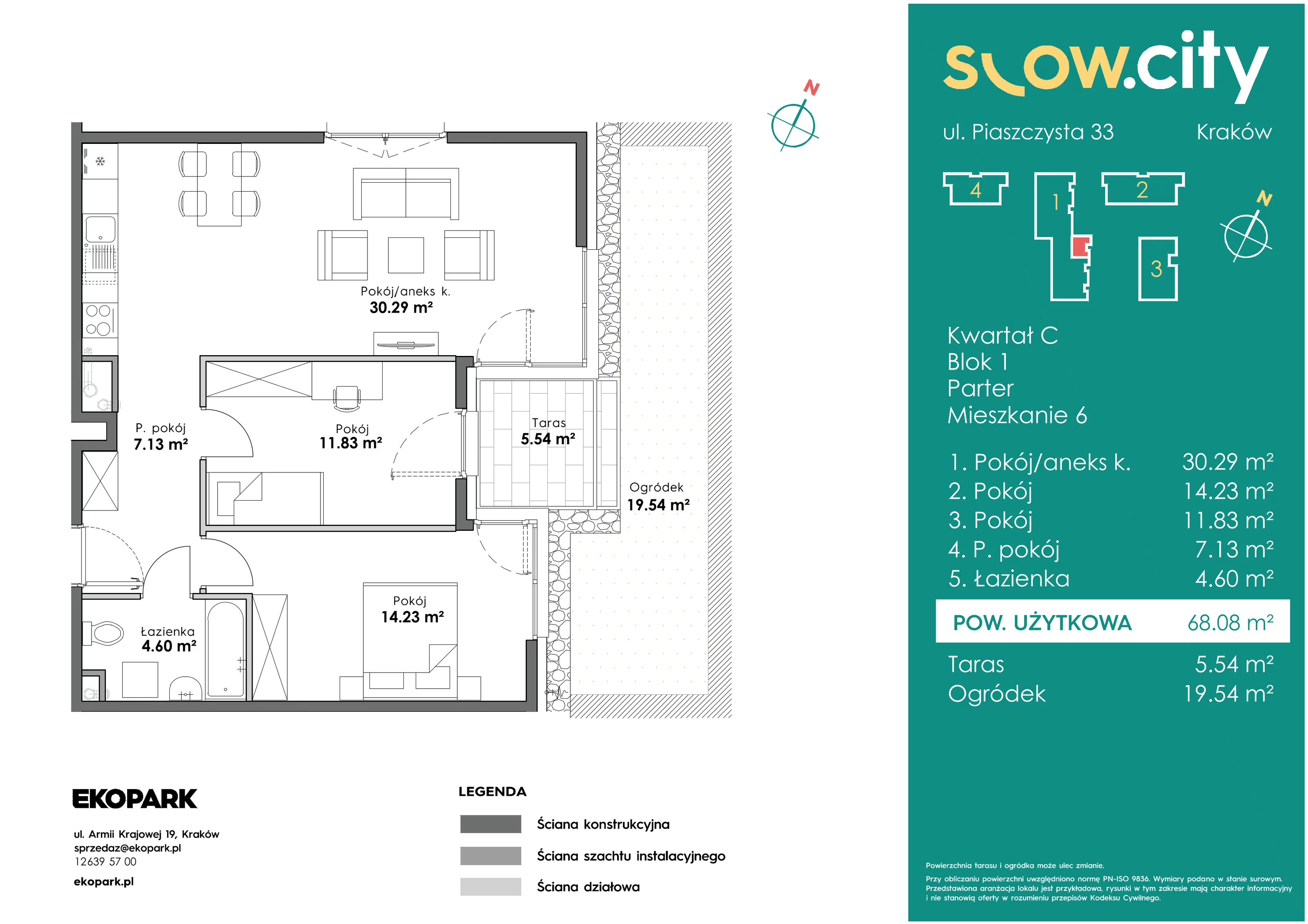 3 pokoje, mieszkanie 68,08 m², parter, oferta nr C1-6, Slow City, Kraków, Prądnik Biały, ul. Piaszczysta