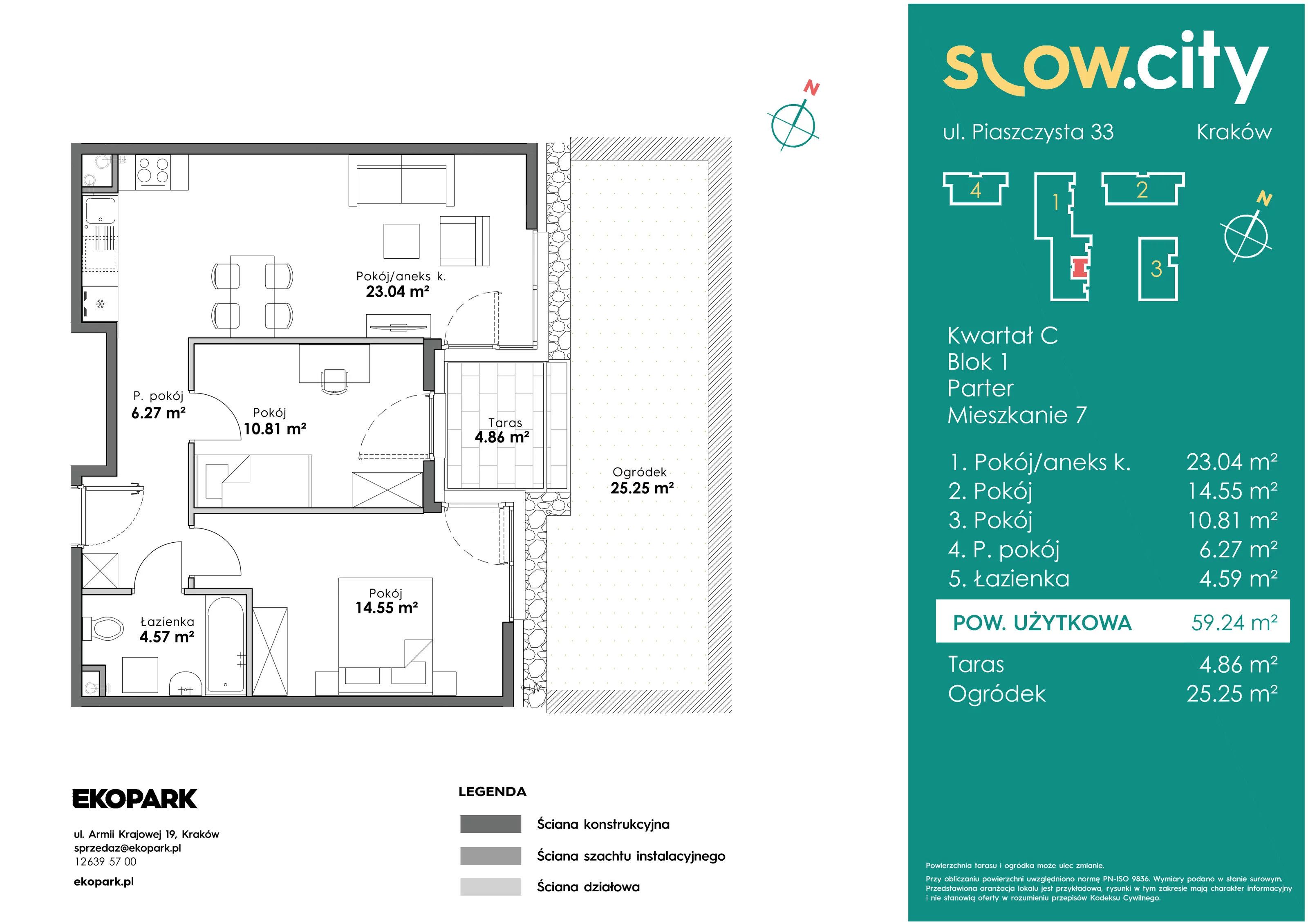 3 pokoje, mieszkanie 59,24 m², parter, oferta nr C1-7, Slow City, Kraków, Prądnik Biały, ul. Piaszczysta