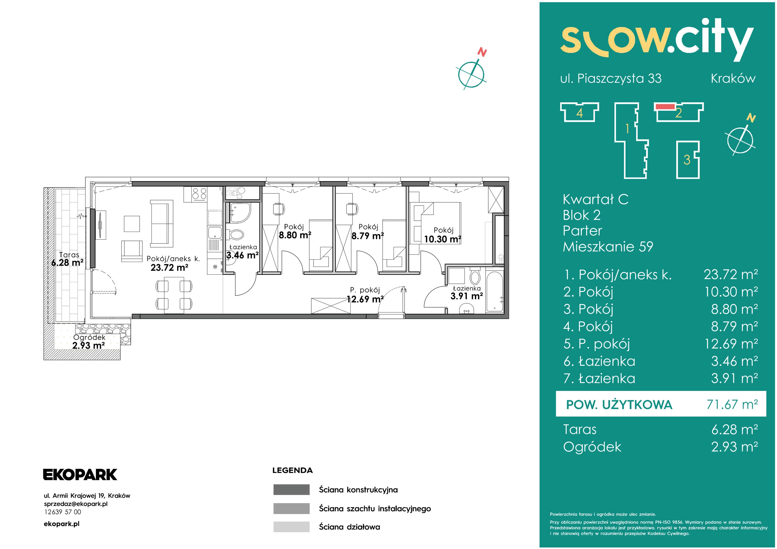 4 pokoje, mieszkanie 71,67 m², parter, oferta nr C2-59, Slow City, Kraków, Prądnik Biały, ul. Piaszczysta