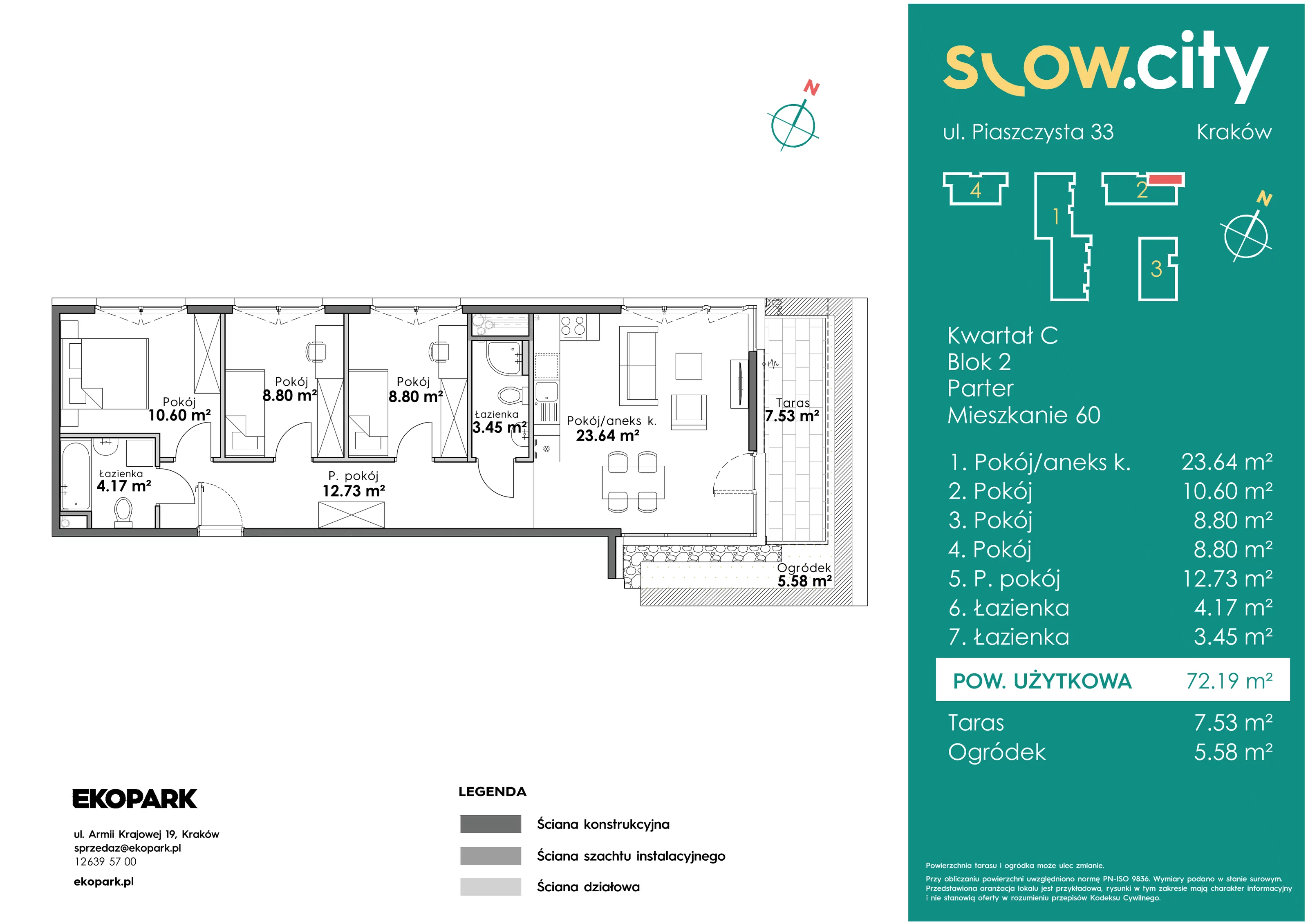 4 pokoje, mieszkanie 72,19 m², parter, oferta nr C2-60, Slow City, Kraków, Prądnik Biały, ul. Piaszczysta