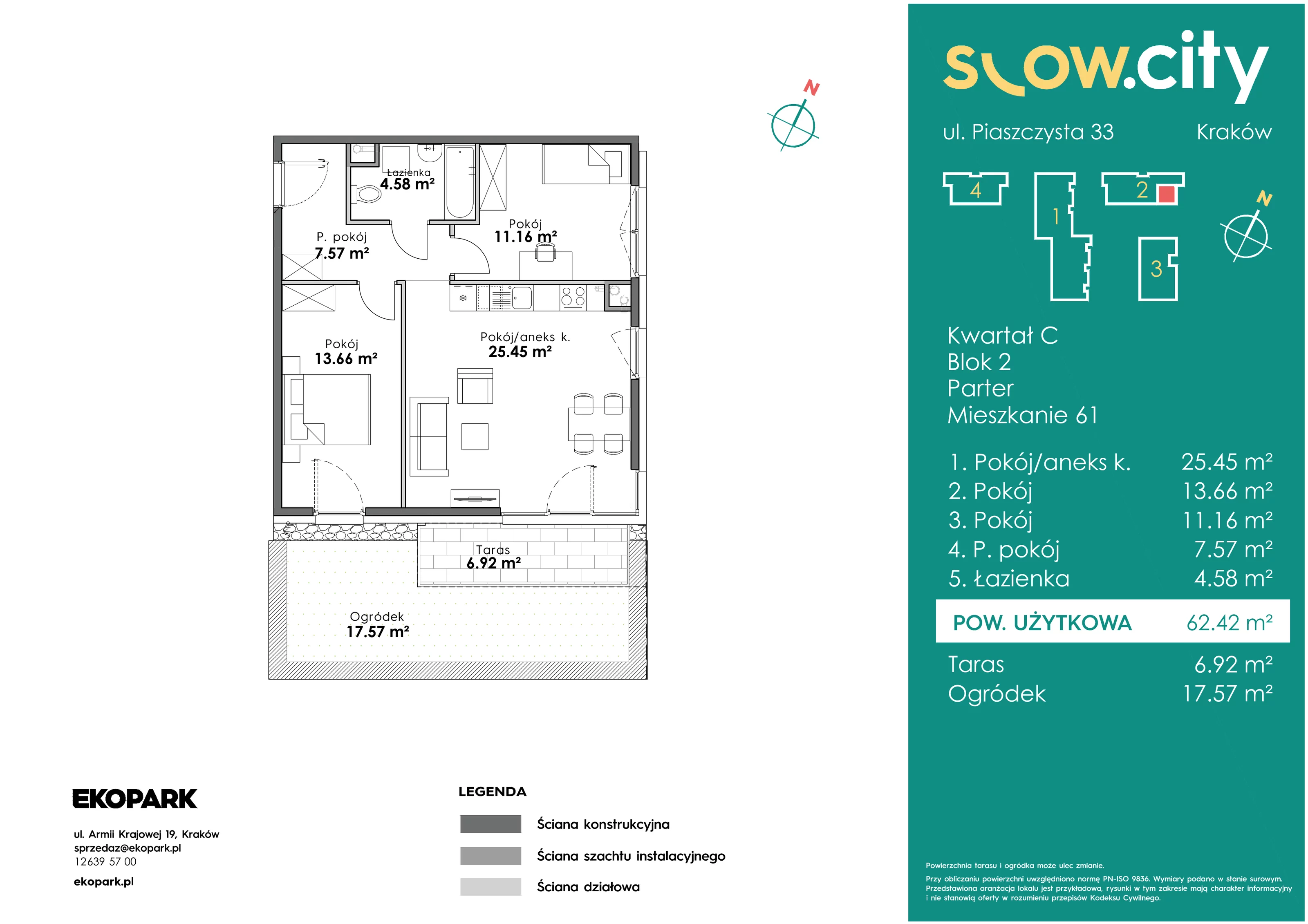 3 pokoje, mieszkanie 62,42 m², parter, oferta nr C2-61, Slow City, Kraków, Prądnik Biały, ul. Piaszczysta