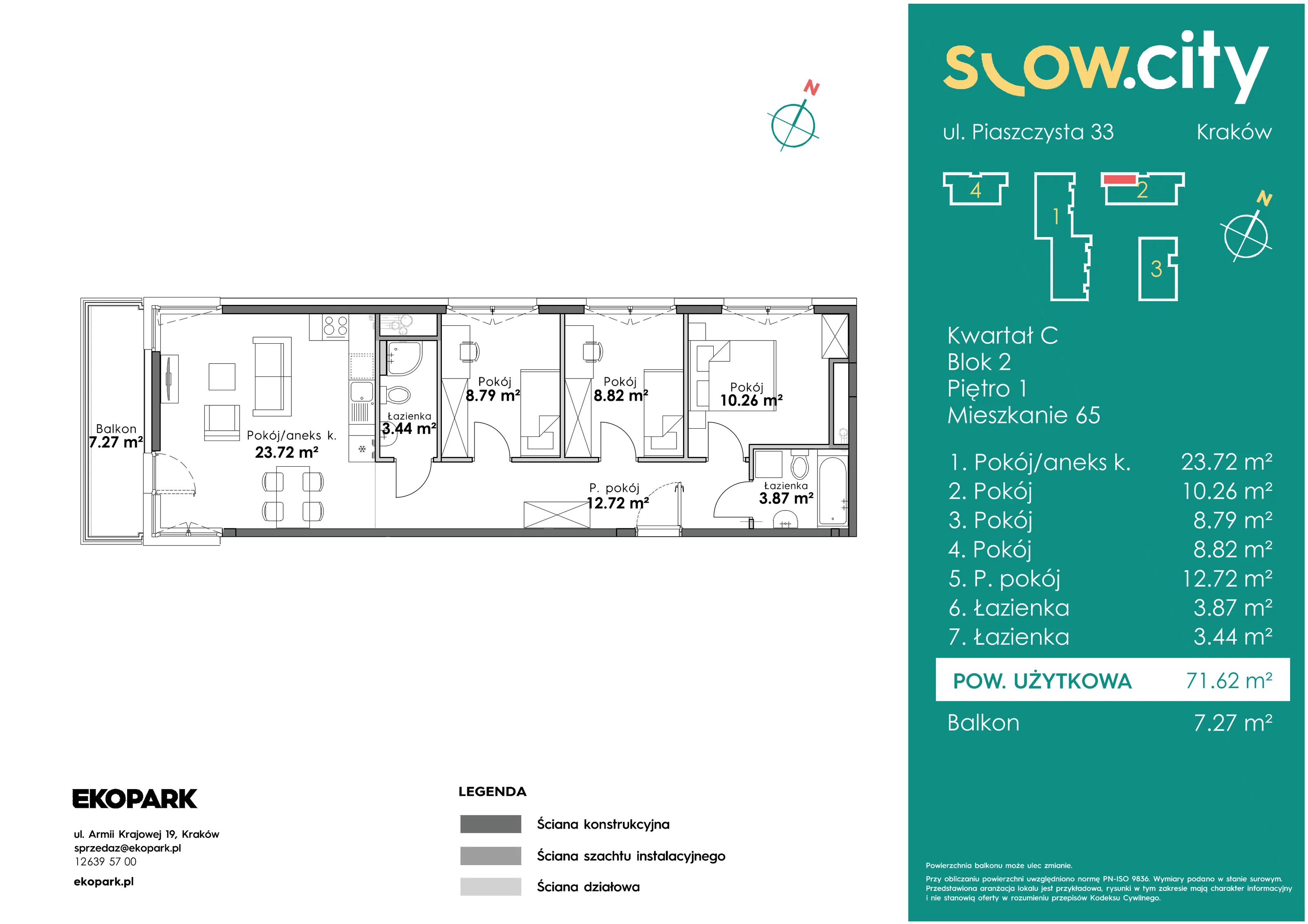 4 pokoje, mieszkanie 71,62 m², piętro 1, oferta nr C2-65, Slow City, Kraków, Prądnik Biały, ul. Piaszczysta