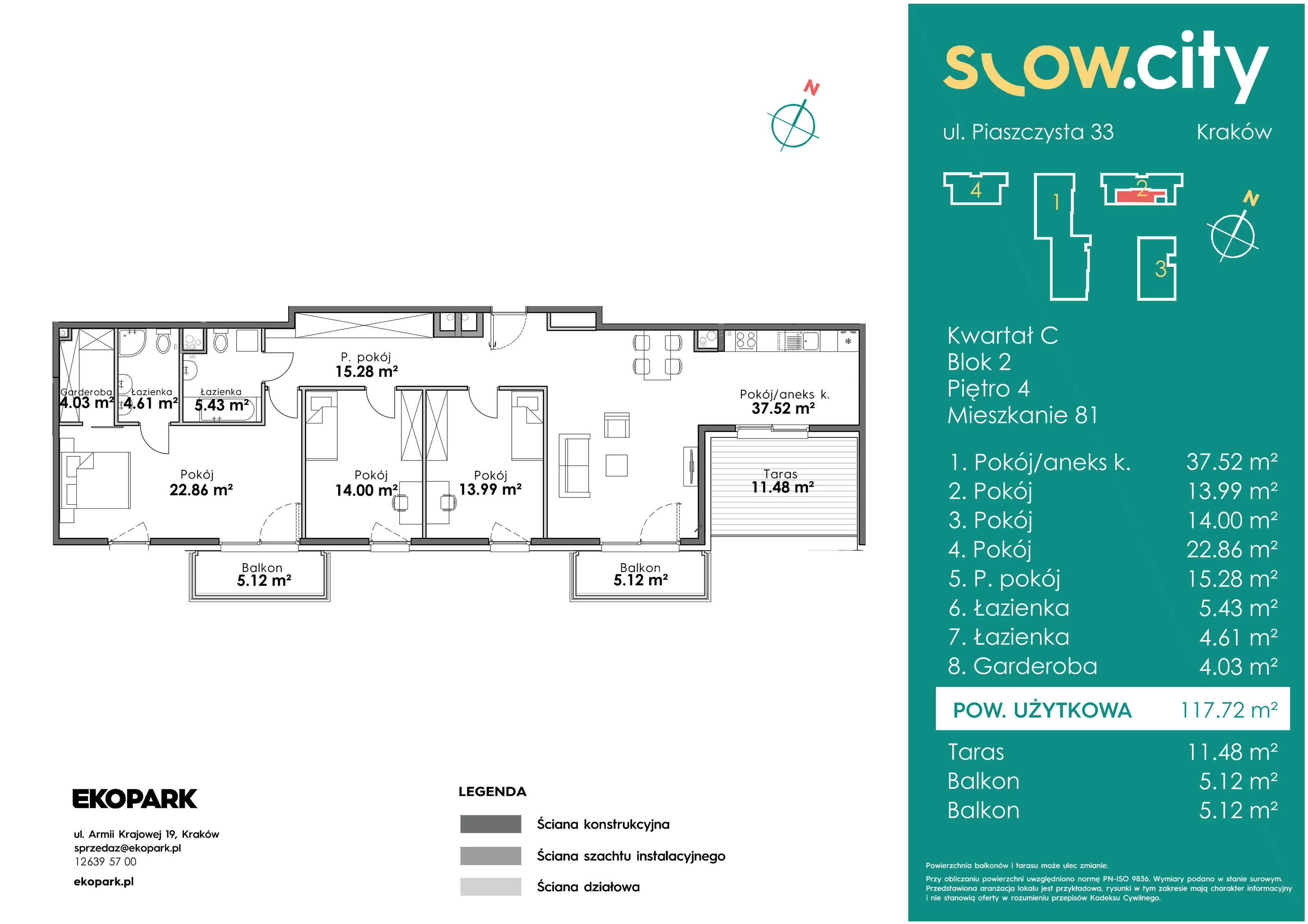 4 pokoje, mieszkanie 117,72 m², piętro 4, oferta nr C2-81, Slow City, Kraków, Prądnik Biały, ul. Piaszczysta