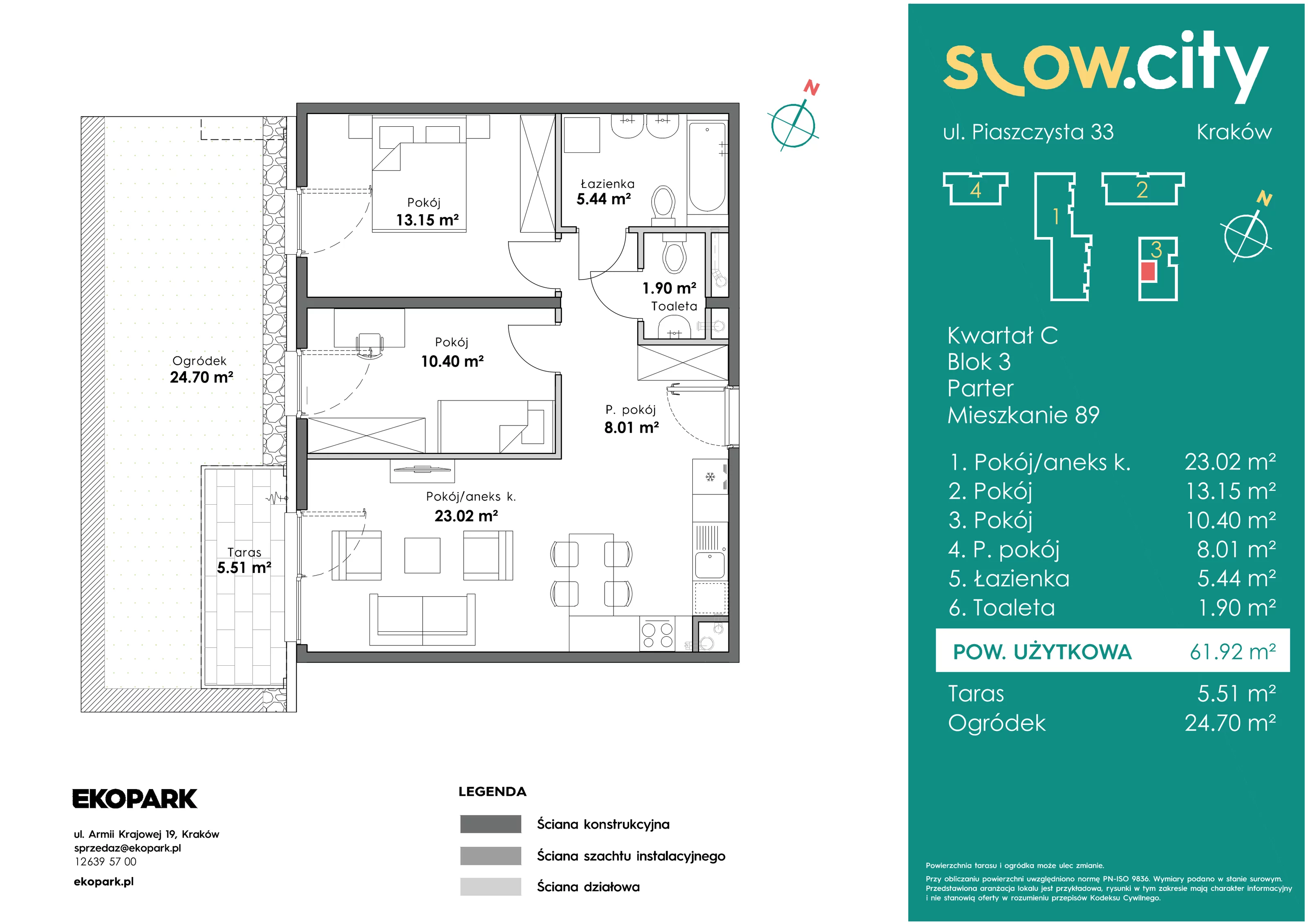 3 pokoje, mieszkanie 61,92 m², parter, oferta nr C3-89, Slow City, Kraków, Prądnik Biały, ul. Piaszczysta