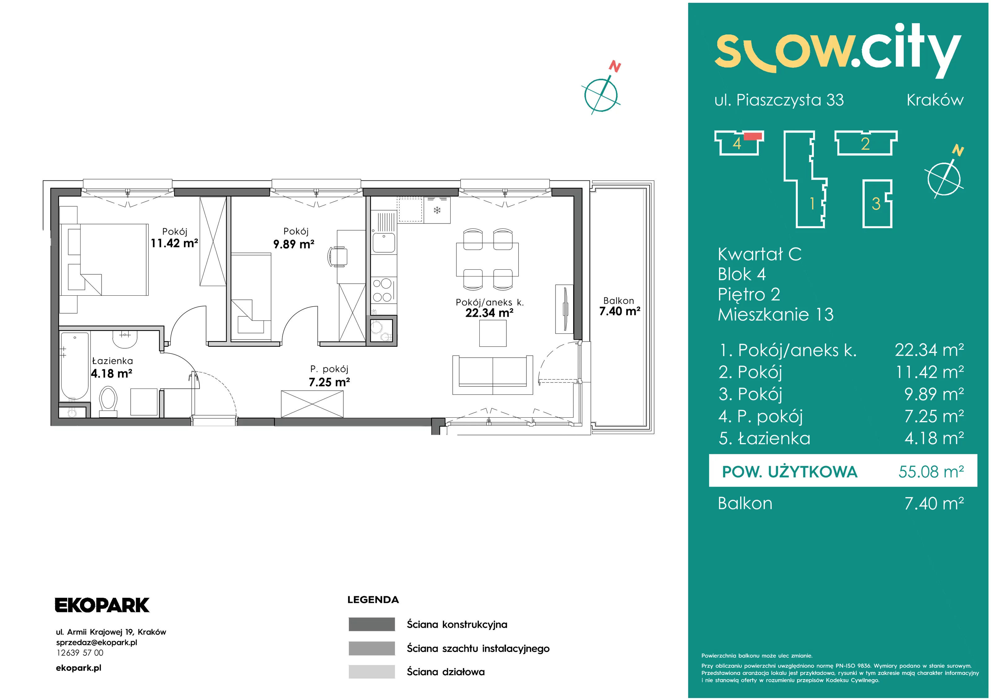 3 pokoje, mieszkanie 55,08 m², piętro 2, oferta nr C4-13, Slow City, Kraków, Prądnik Biały, ul. Piaszczysta