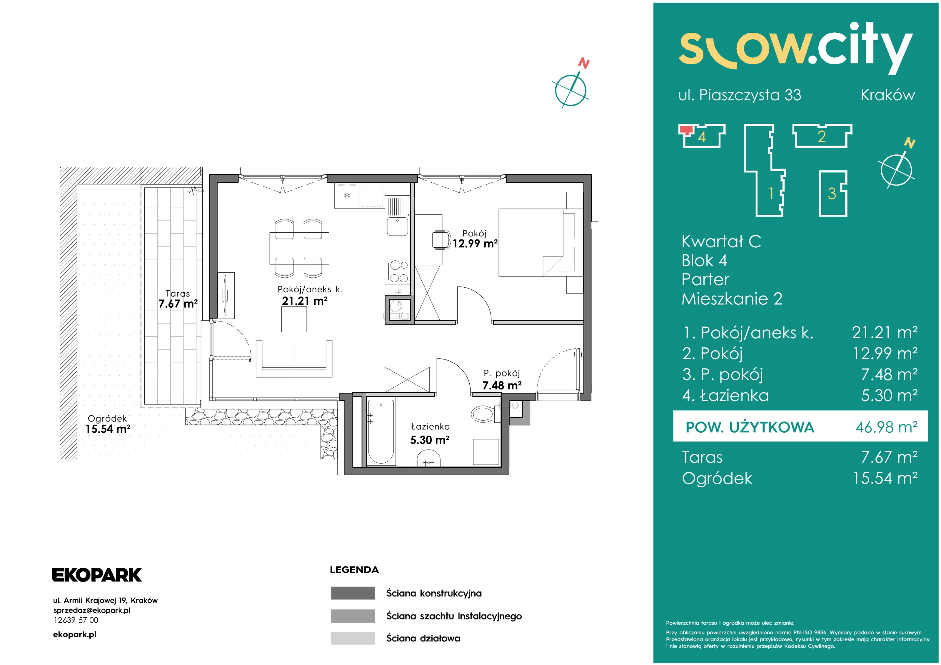 2 pokoje, mieszkanie 46,98 m², parter, oferta nr C4-2, Slow City, Kraków, Prądnik Biały, ul. Piaszczysta