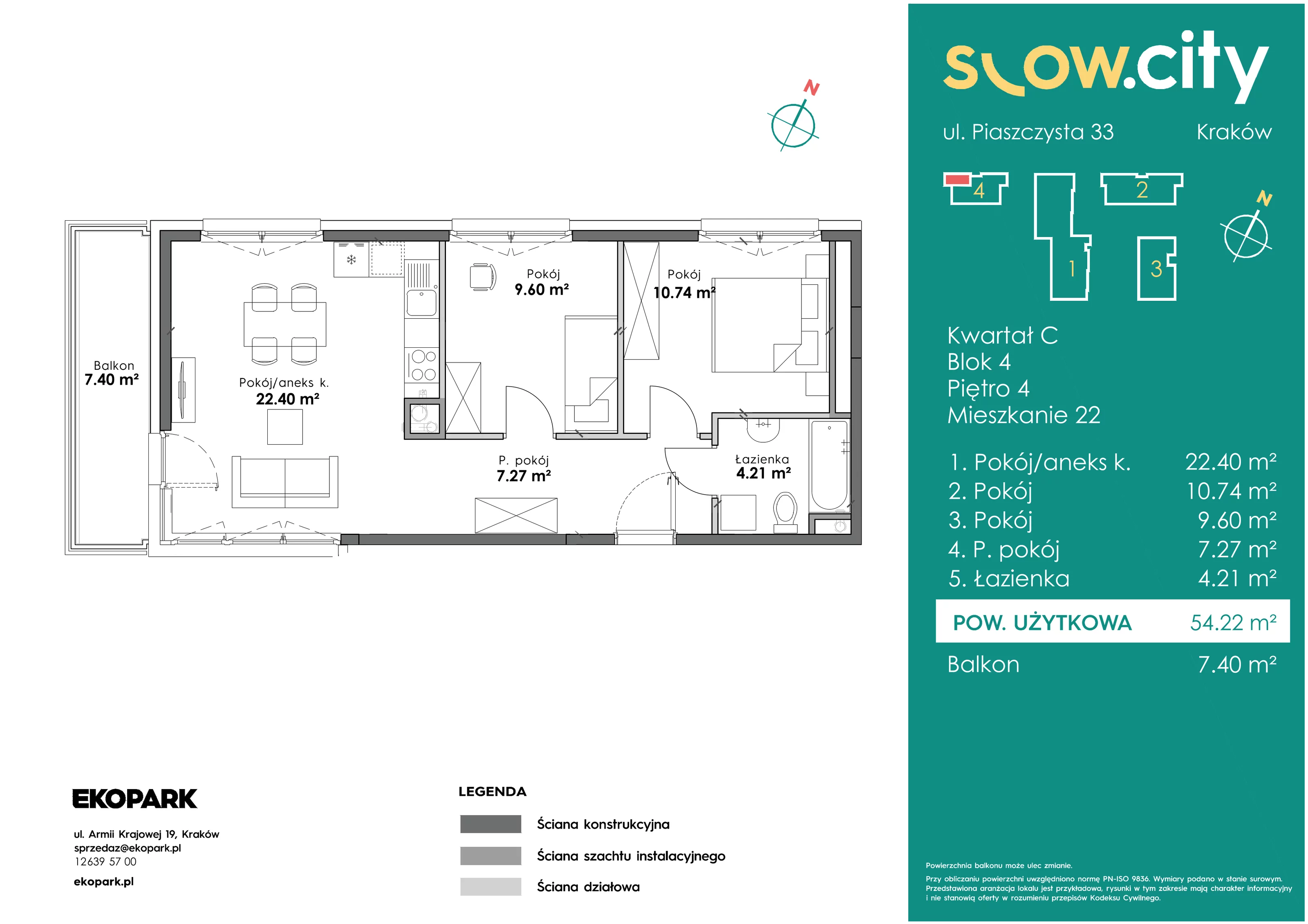3 pokoje, mieszkanie 54,22 m², piętro 4, oferta nr C4-22, Slow City, Kraków, Prądnik Biały, ul. Piaszczysta