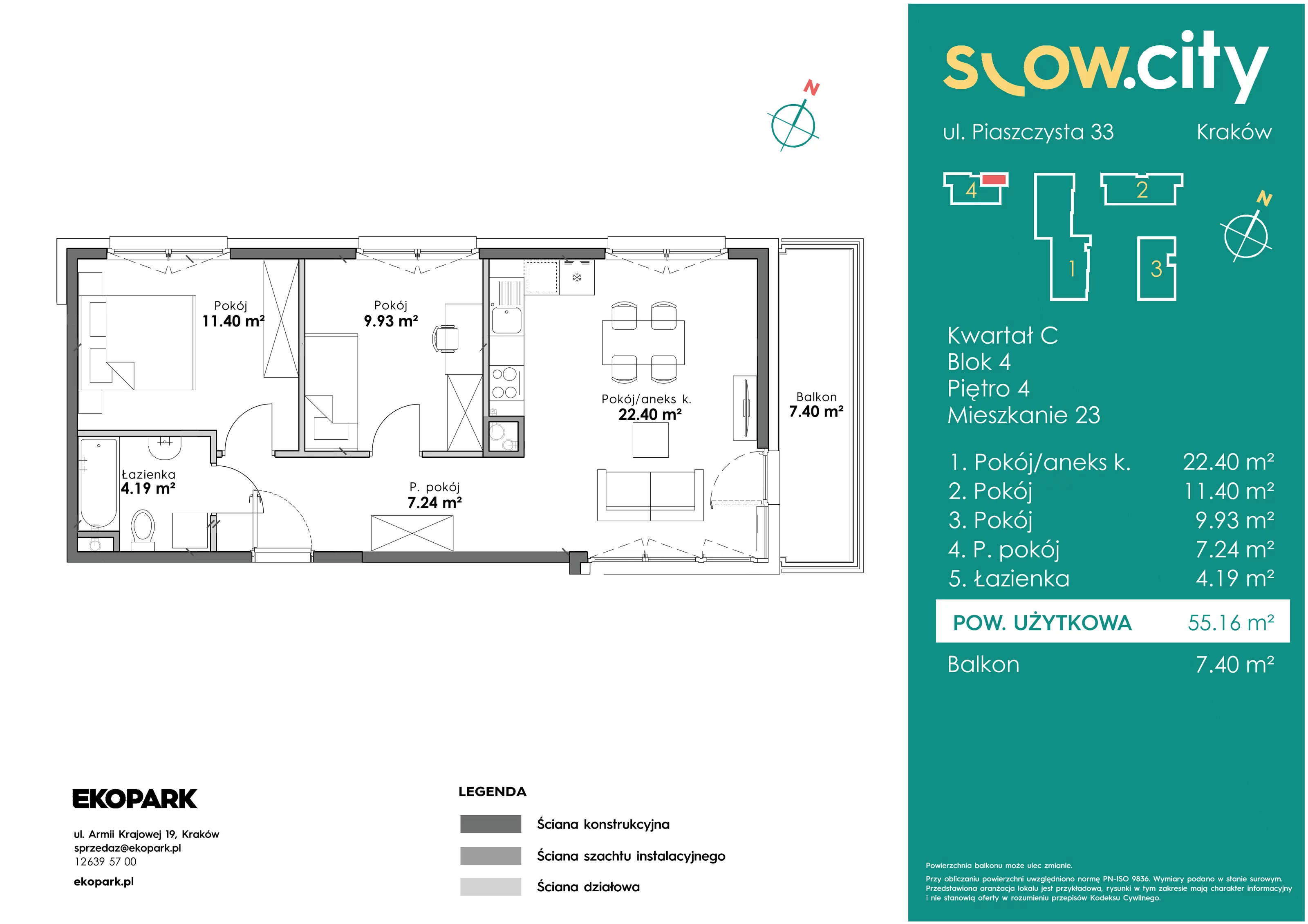 3 pokoje, mieszkanie 55,16 m², piętro 4, oferta nr C4-23, Slow City, Kraków, Prądnik Biały, ul. Piaszczysta
