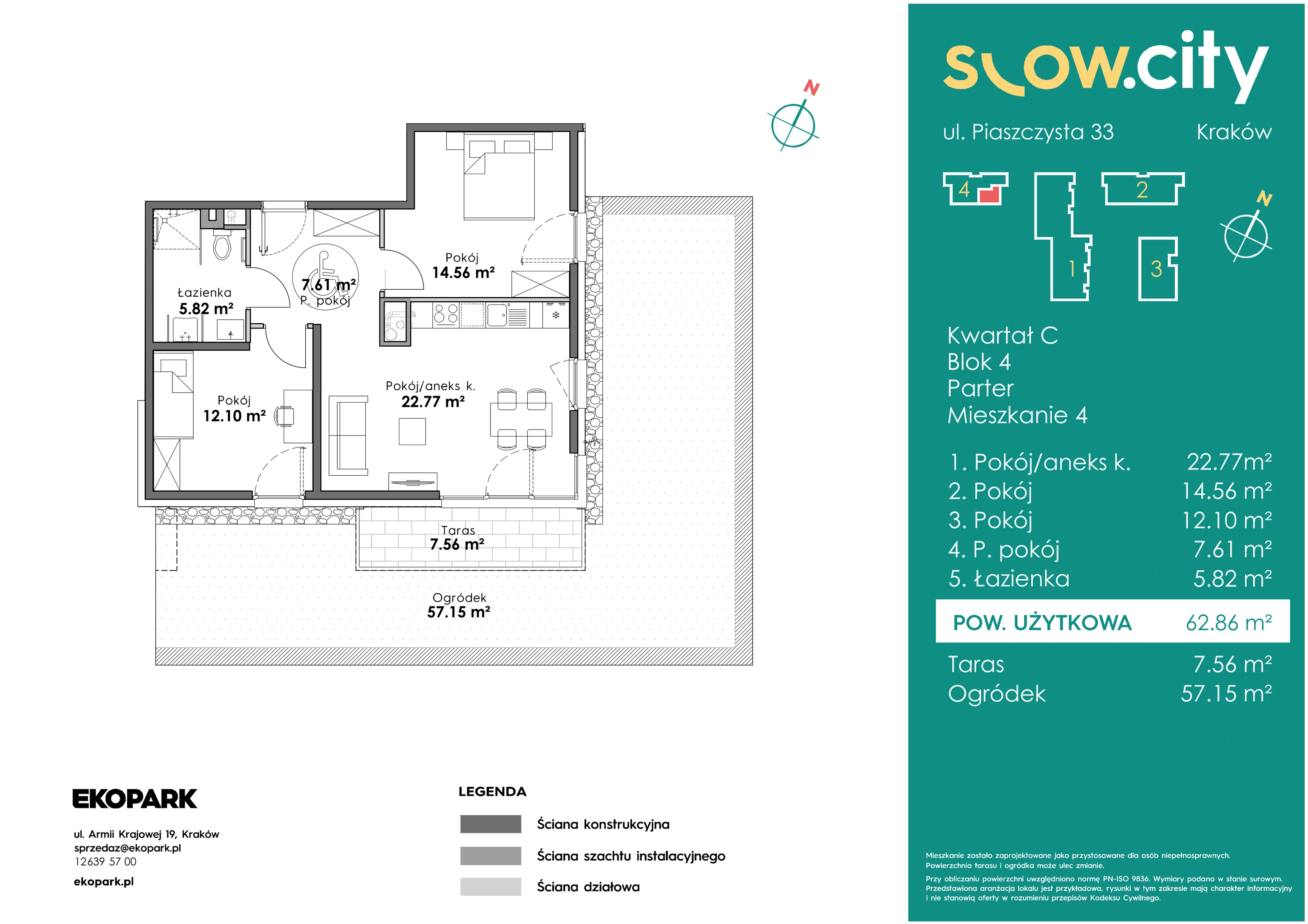 3 pokoje, mieszkanie 62,86 m², parter, oferta nr C4-4, Slow City, Kraków, Prądnik Biały, ul. Piaszczysta