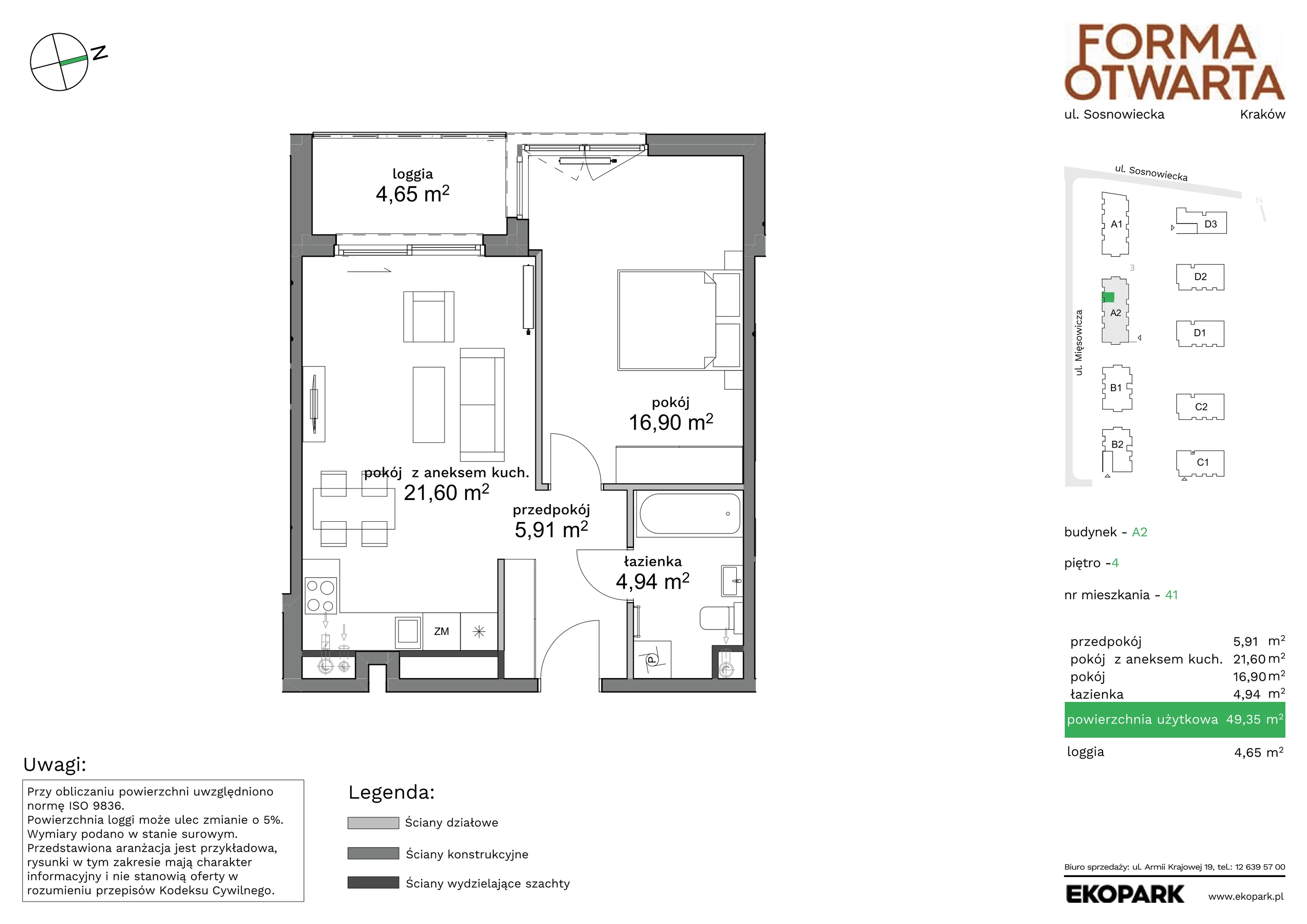 2 pokoje, mieszkanie 49,35 m², piętro 4, oferta nr A2-41, Forma Otwarta, Kraków, Bronowice, Bronowice Wielkie, ul. Sosnowiecka