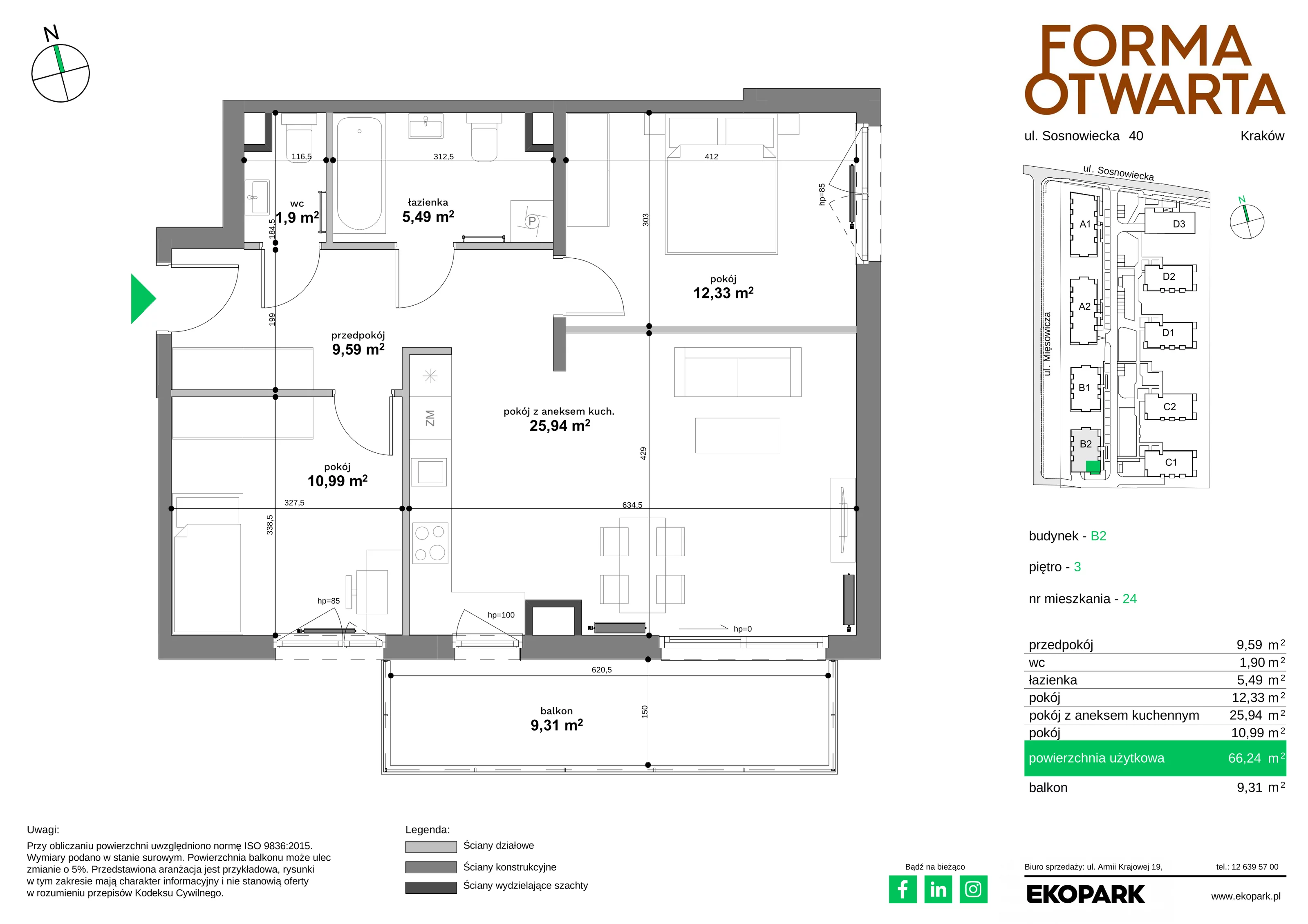3 pokoje, mieszkanie 66,24 m², piętro 3, oferta nr B2-24, Forma Otwarta - Etap B, Kraków, Bronowice, Bronowice Wielkie, ul. Sosnowiecka