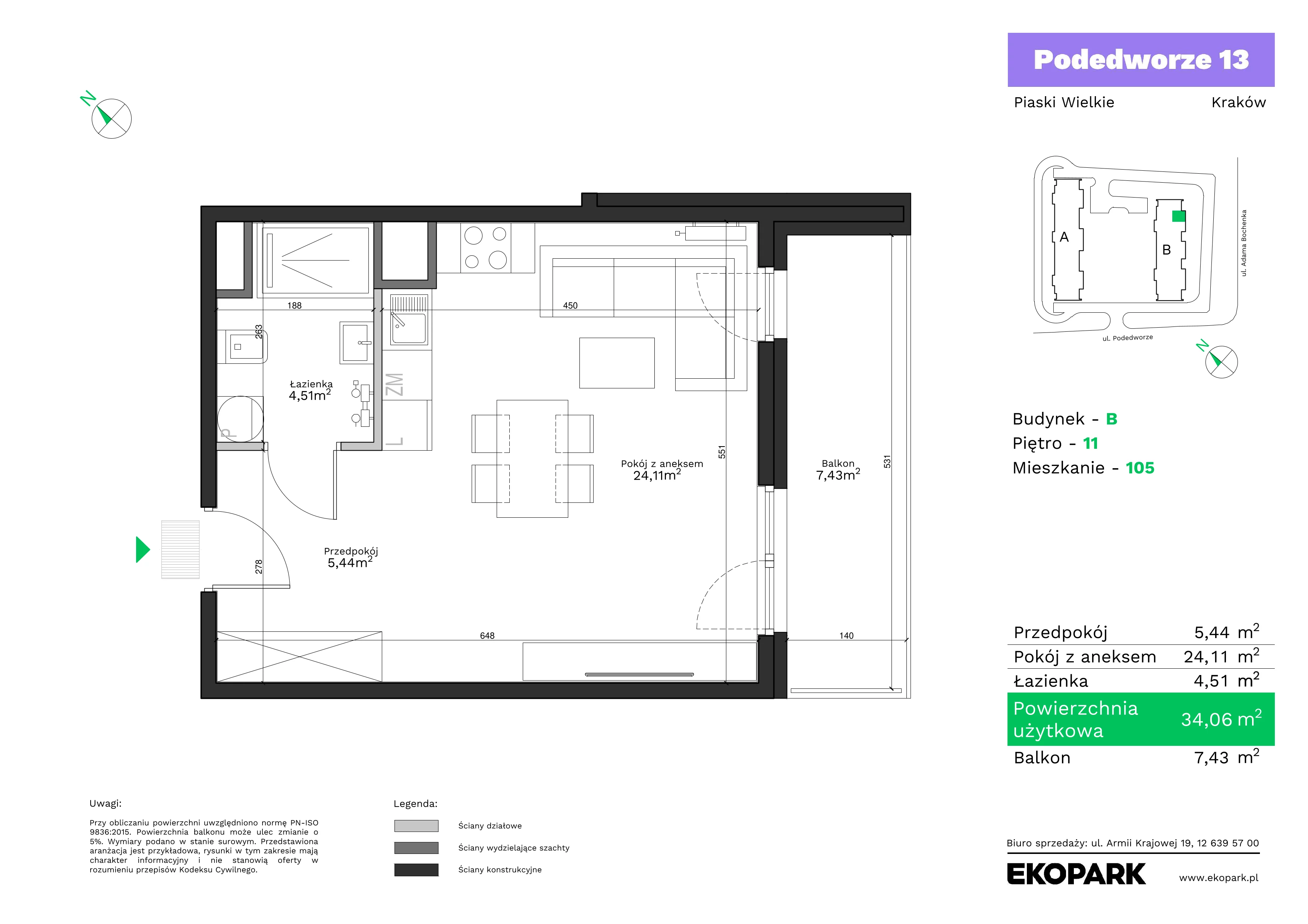 1 pokój, mieszkanie 34,06 m², piętro 11, oferta nr B105, Podedworze 13, Kraków, Podgórze Duchackie, Piaski Wielkie, ul. Podedworze 13