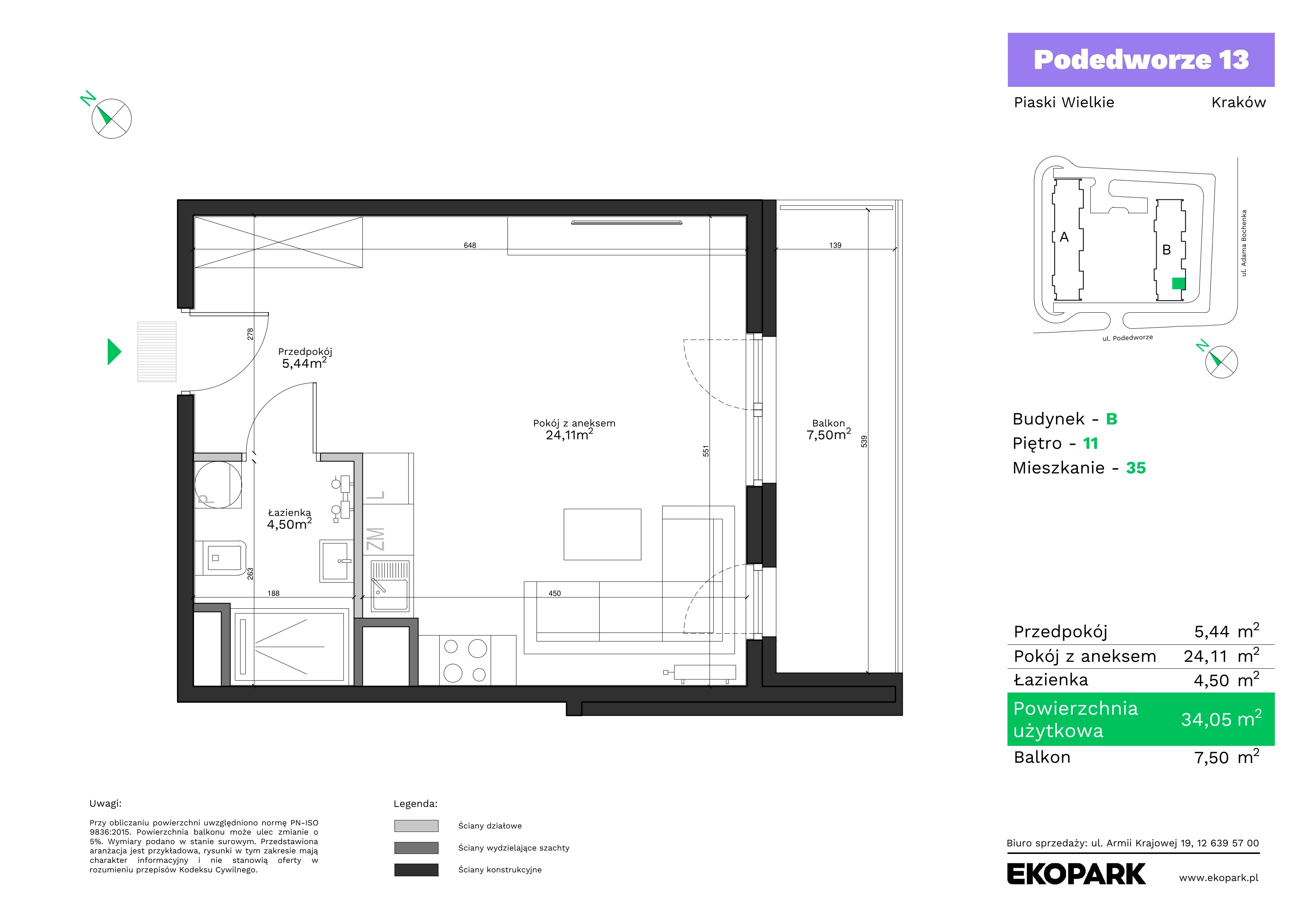 1 pokój, mieszkanie 34,05 m², piętro 11, oferta nr B35, Podedworze 13, Kraków, Podgórze Duchackie, Piaski Wielkie, ul. Podedworze 13