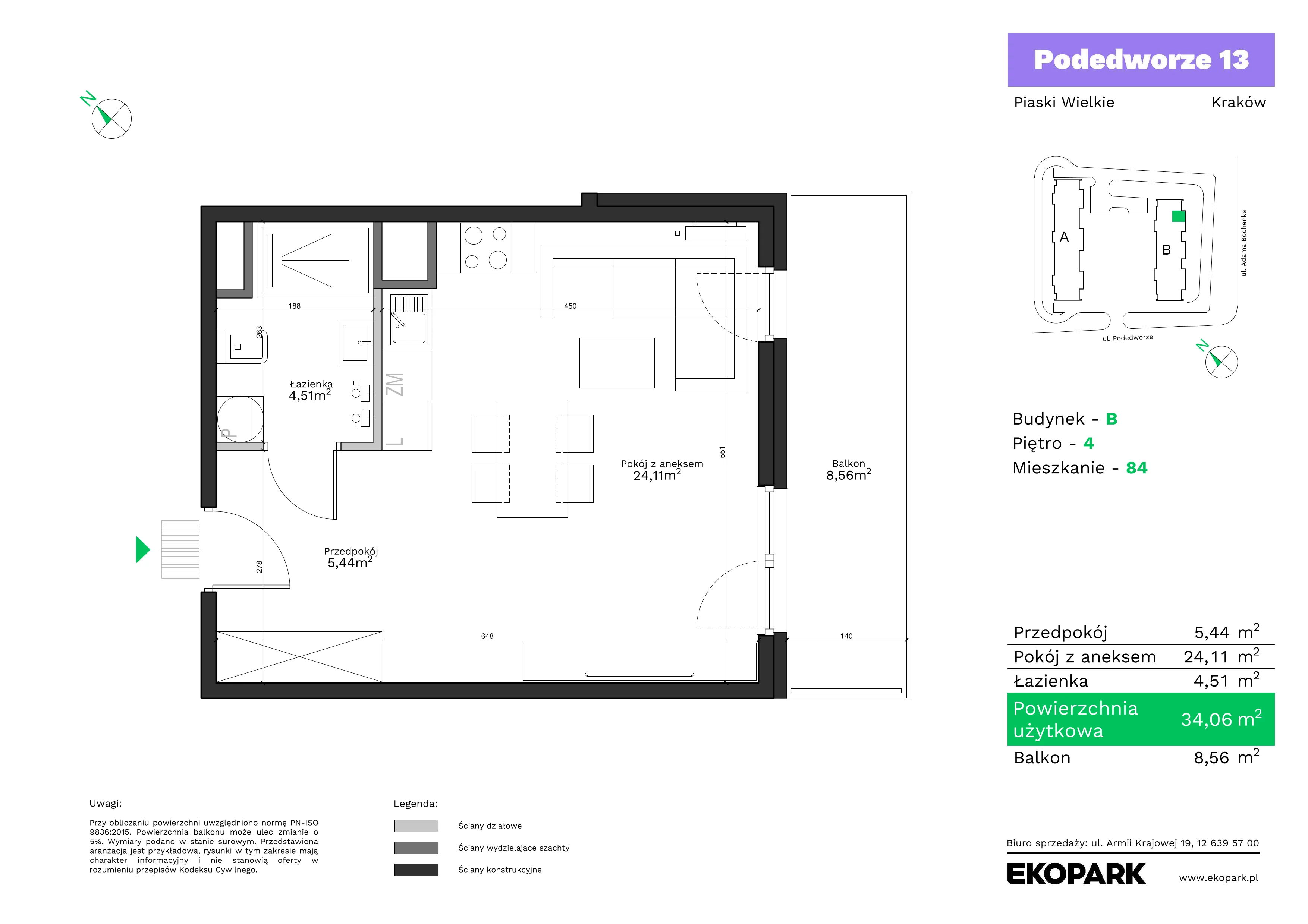 1 pokój, mieszkanie 34,06 m², piętro 4, oferta nr B84, Podedworze 13, Kraków, Podgórze Duchackie, Piaski Wielkie, ul. Podedworze 13