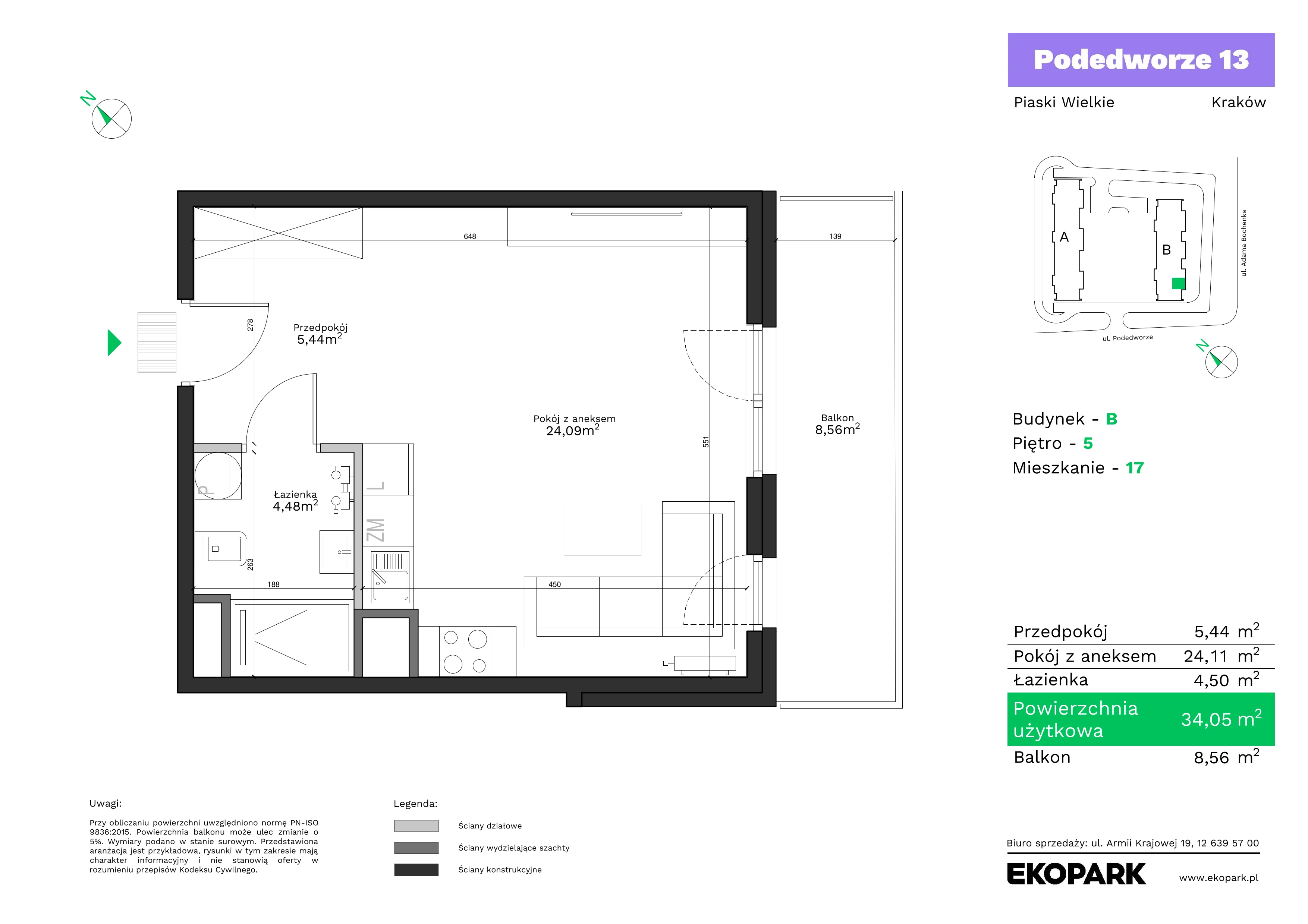 1 pokój, mieszkanie 34,05 m², piętro 5, oferta nr B17, Podedworze 13, Kraków, Podgórze Duchackie, Piaski Wielkie, ul. Podedworze 13