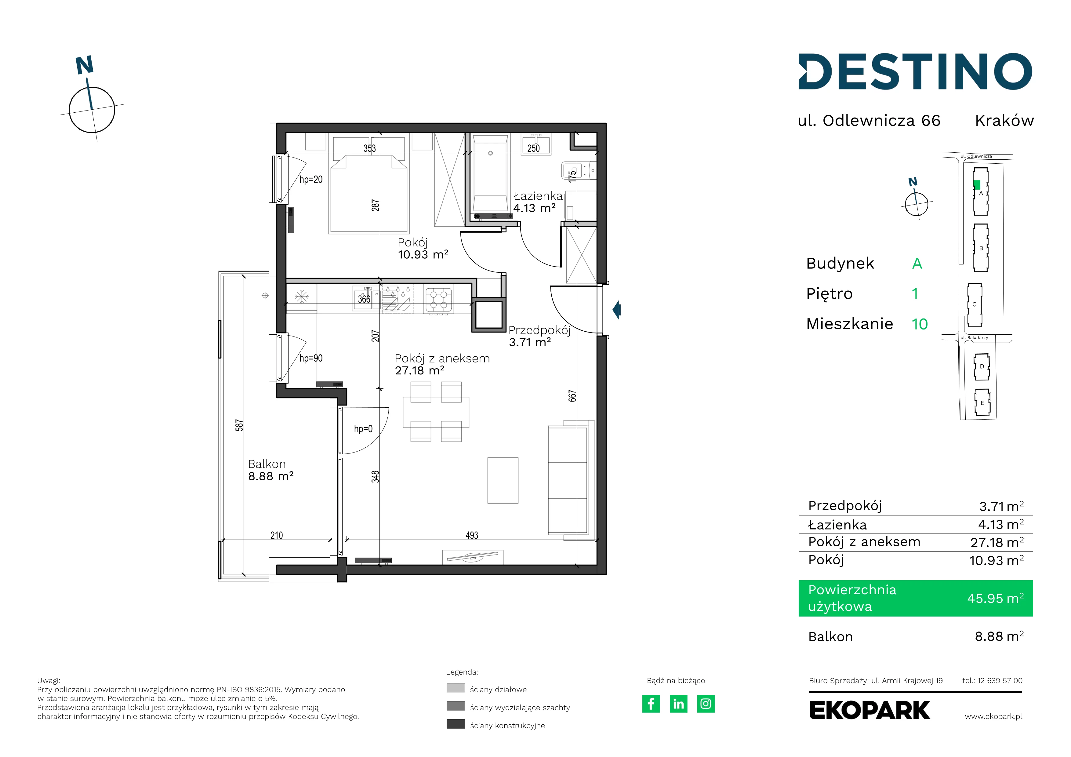 2 pokoje, mieszkanie 45,95 m², piętro 1, oferta nr A-10, Destino, Kraków, Bronowice, Bronowice Małe, ul. Odlewnicza