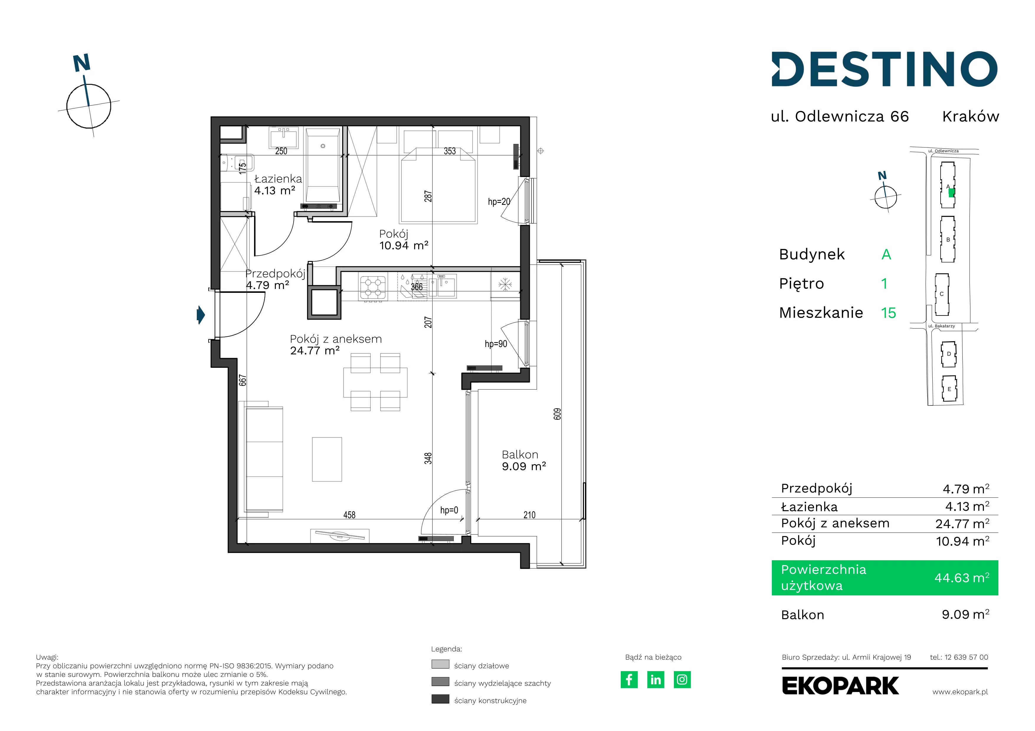 2 pokoje, mieszkanie 44,63 m², piętro 1, oferta nr A-15, Destino, Kraków, Bronowice, Bronowice Małe, ul. Odlewnicza