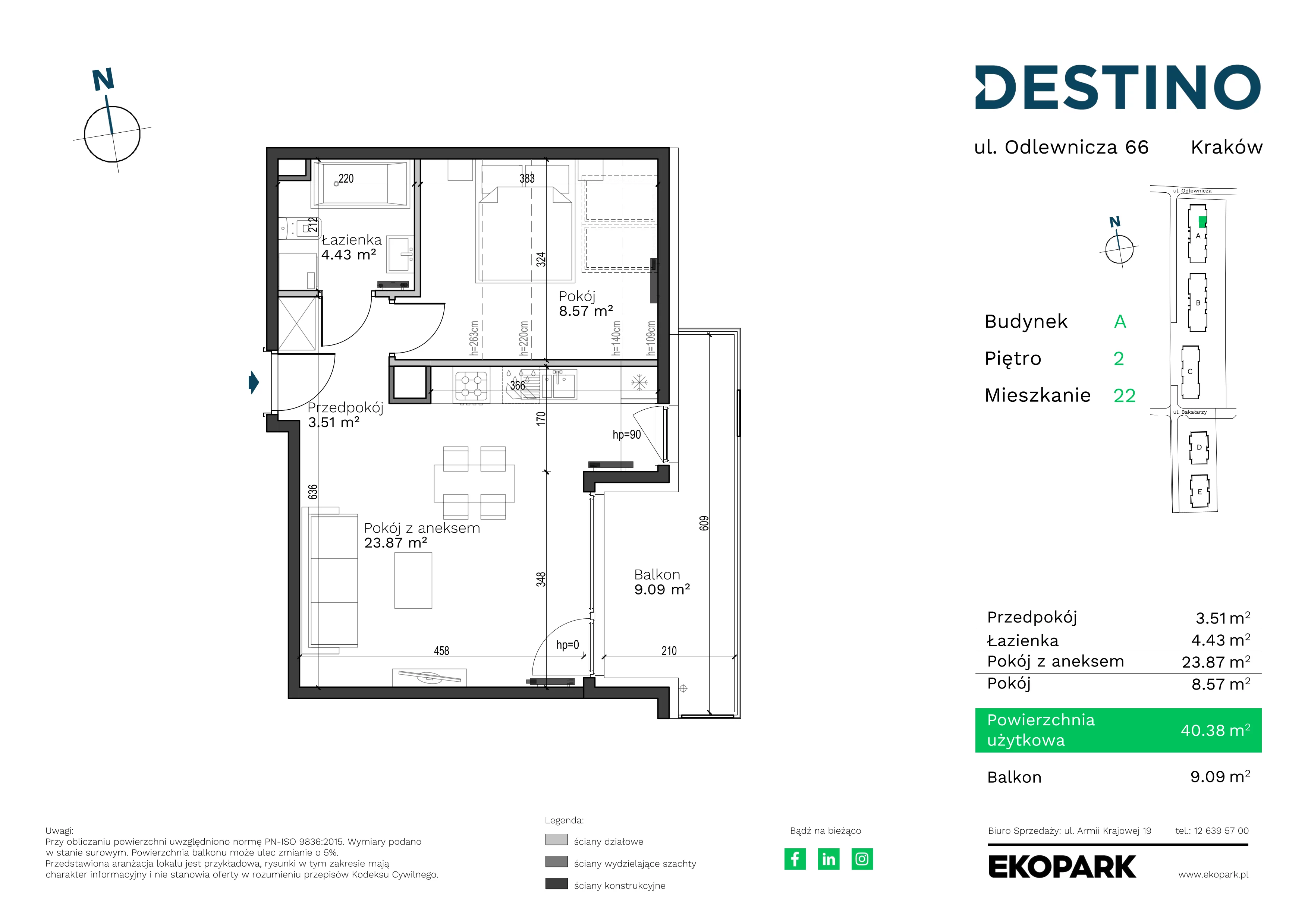 2 pokoje, mieszkanie 40,38 m², piętro 2, oferta nr A-22, Destino, Kraków, Bronowice, Bronowice Małe, ul. Odlewnicza