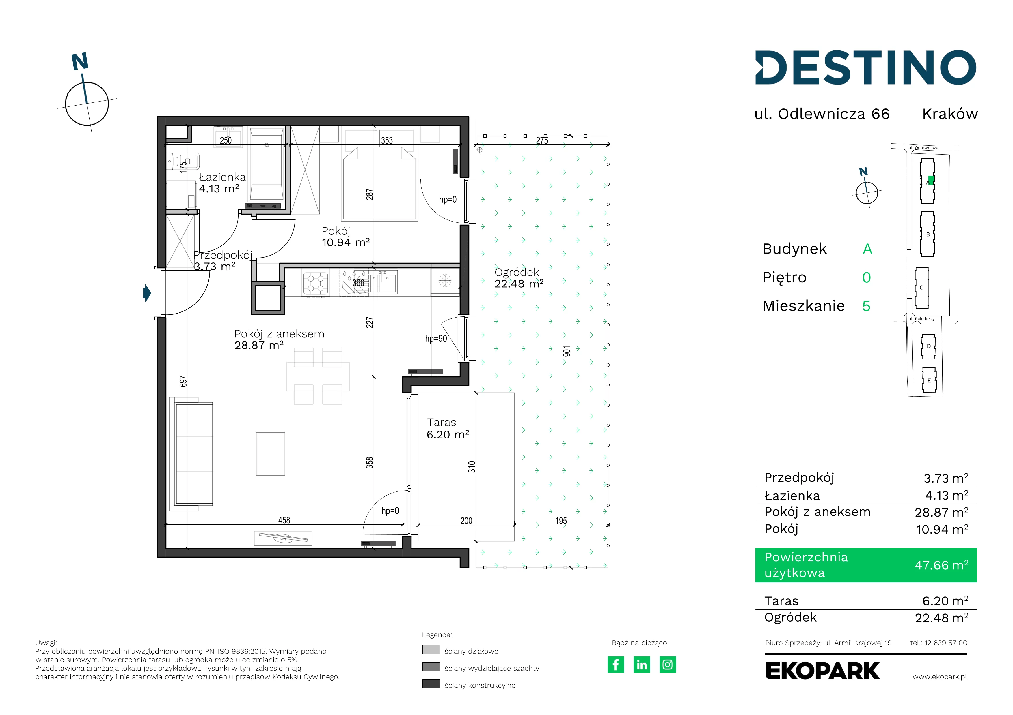 2 pokoje, mieszkanie 47,66 m², parter, oferta nr A-5, Destino, Kraków, Bronowice, Bronowice Małe, ul. Odlewnicza