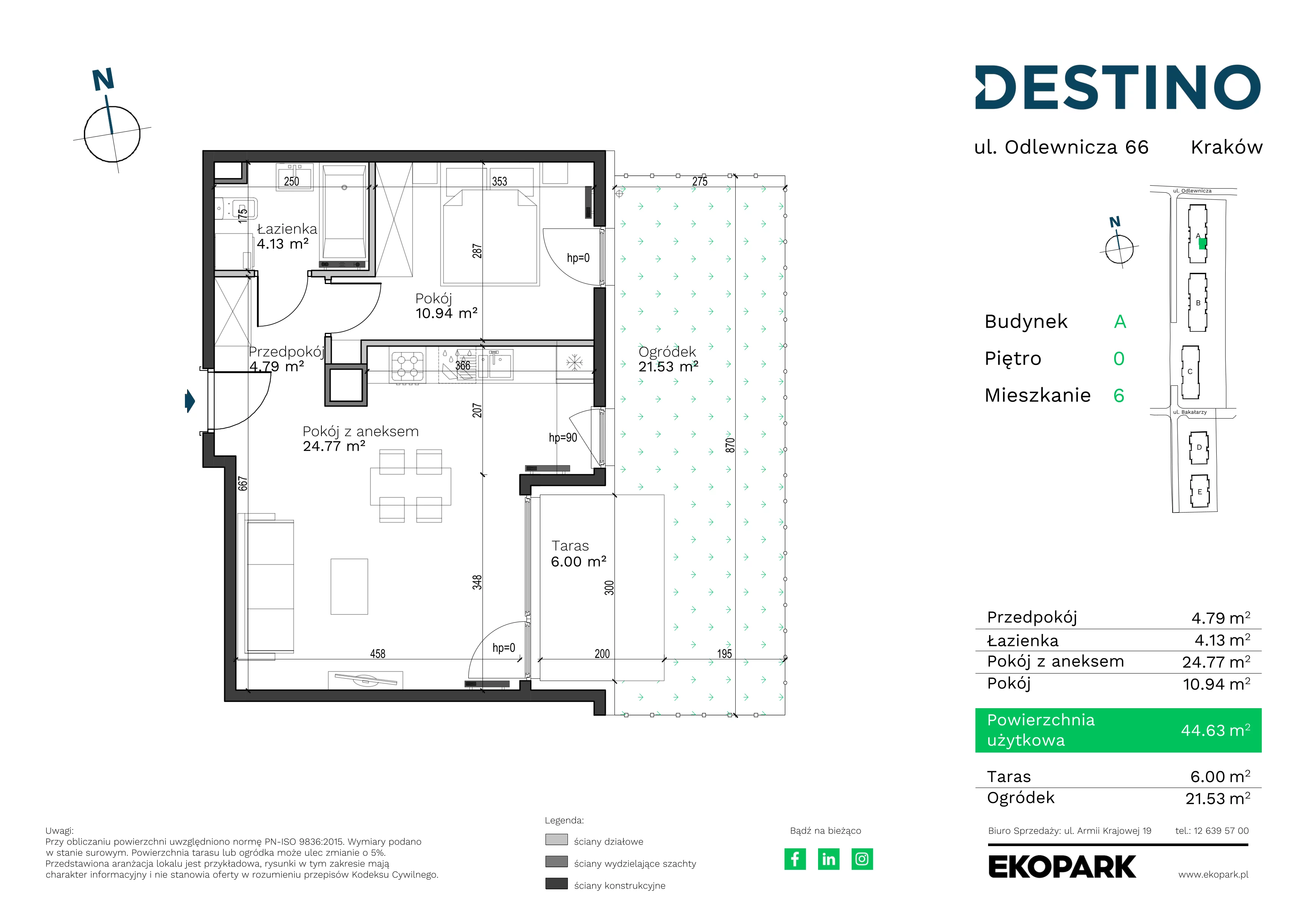 2 pokoje, mieszkanie 44,63 m², parter, oferta nr A-6, Destino, Kraków, Bronowice, Bronowice Małe, ul. Odlewnicza