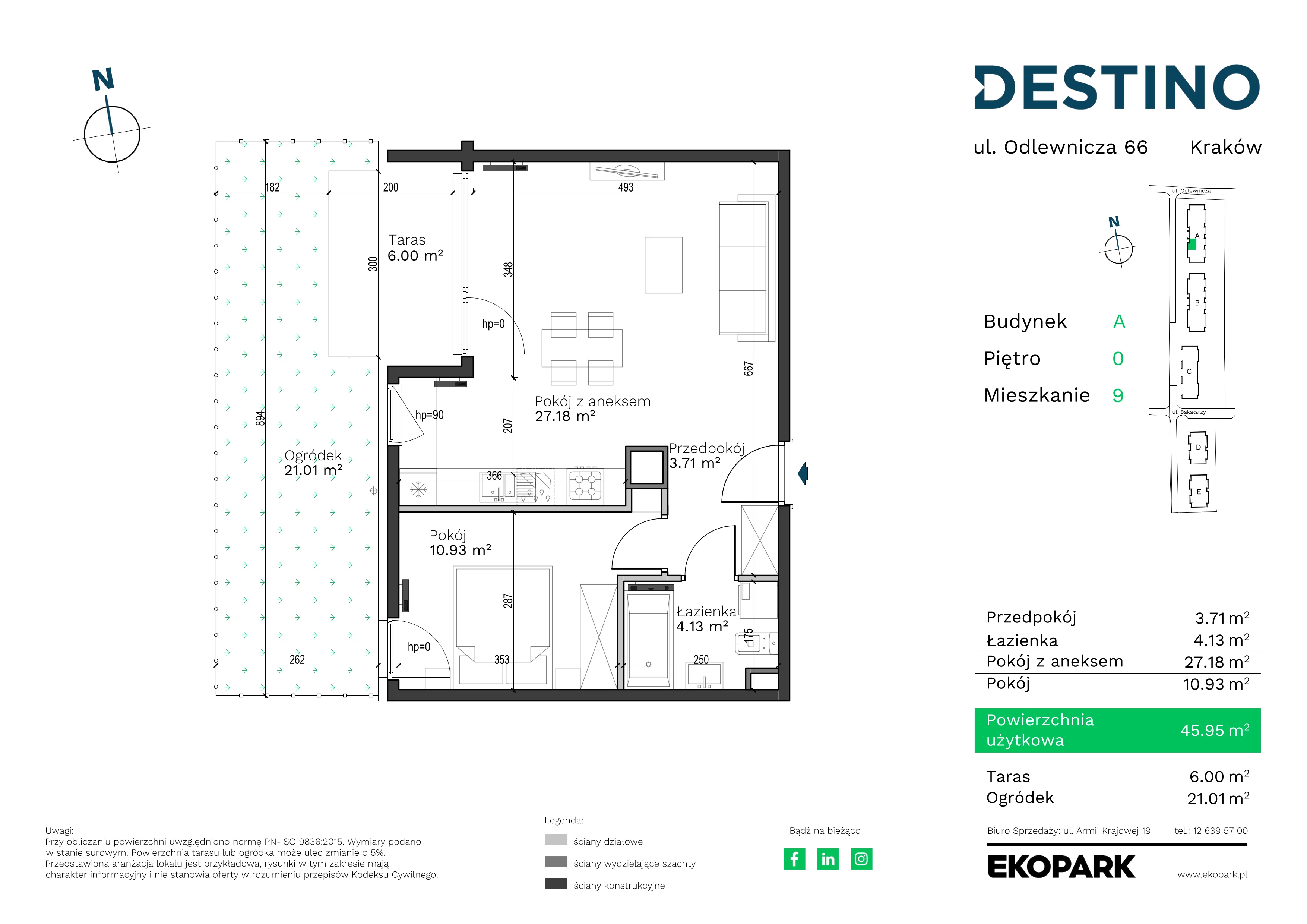 2 pokoje, mieszkanie 45,95 m², parter, oferta nr A-9, Destino, Kraków, Bronowice, Bronowice Małe, ul. Odlewnicza
