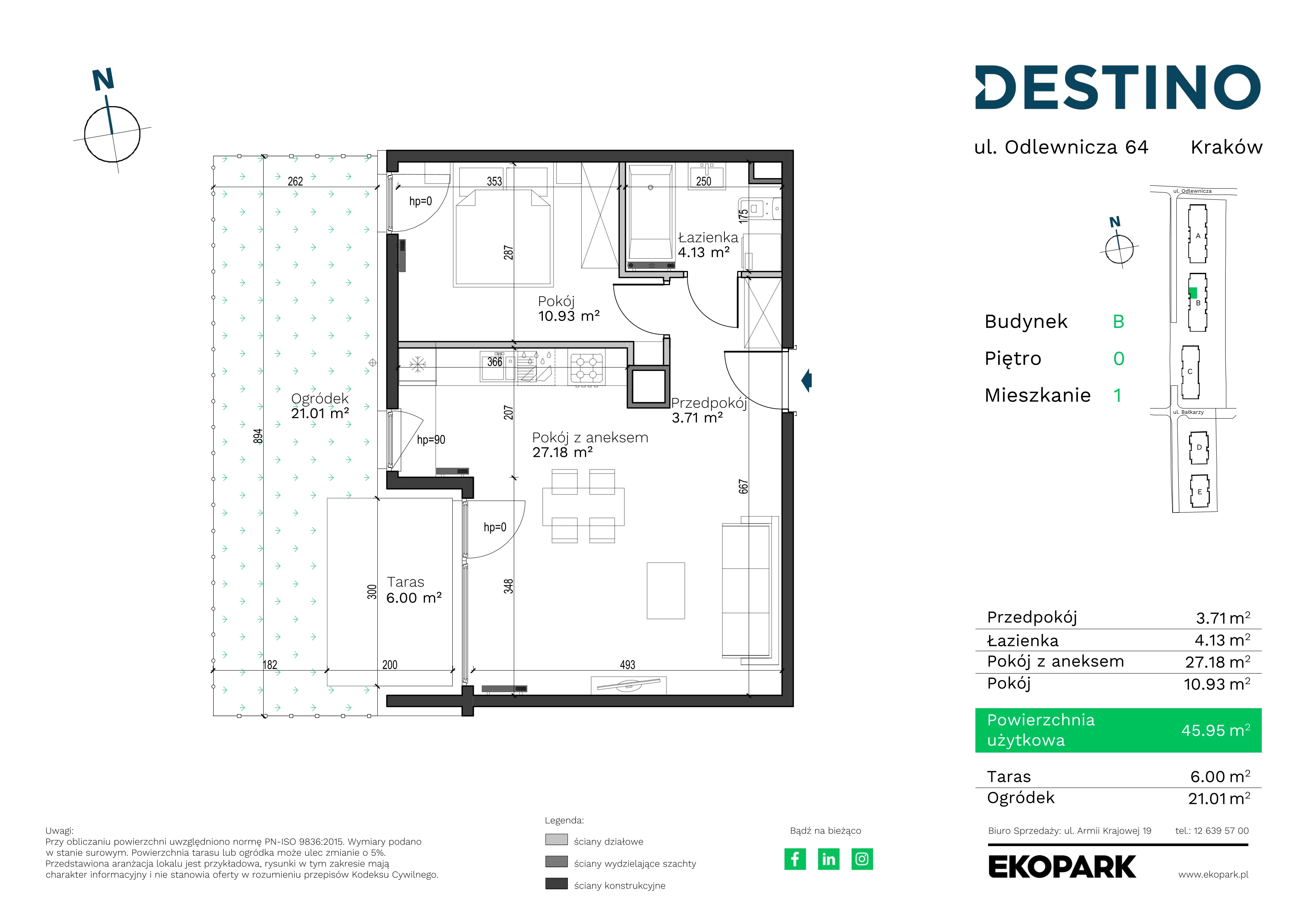 2 pokoje, mieszkanie 45,95 m², parter, oferta nr B-1, Destino, Kraków, Bronowice, Bronowice Małe, ul. Odlewnicza
