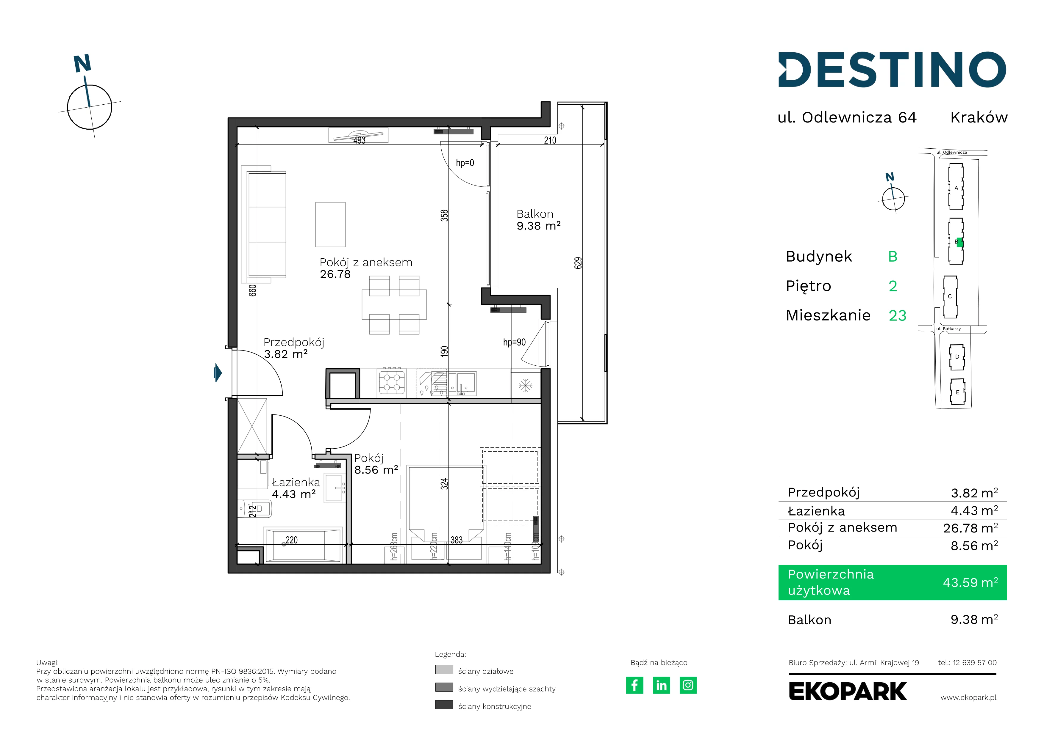 2 pokoje, mieszkanie 43,59 m², piętro 2, oferta nr B-23, Destino, Kraków, Bronowice, Bronowice Małe, ul. Odlewnicza