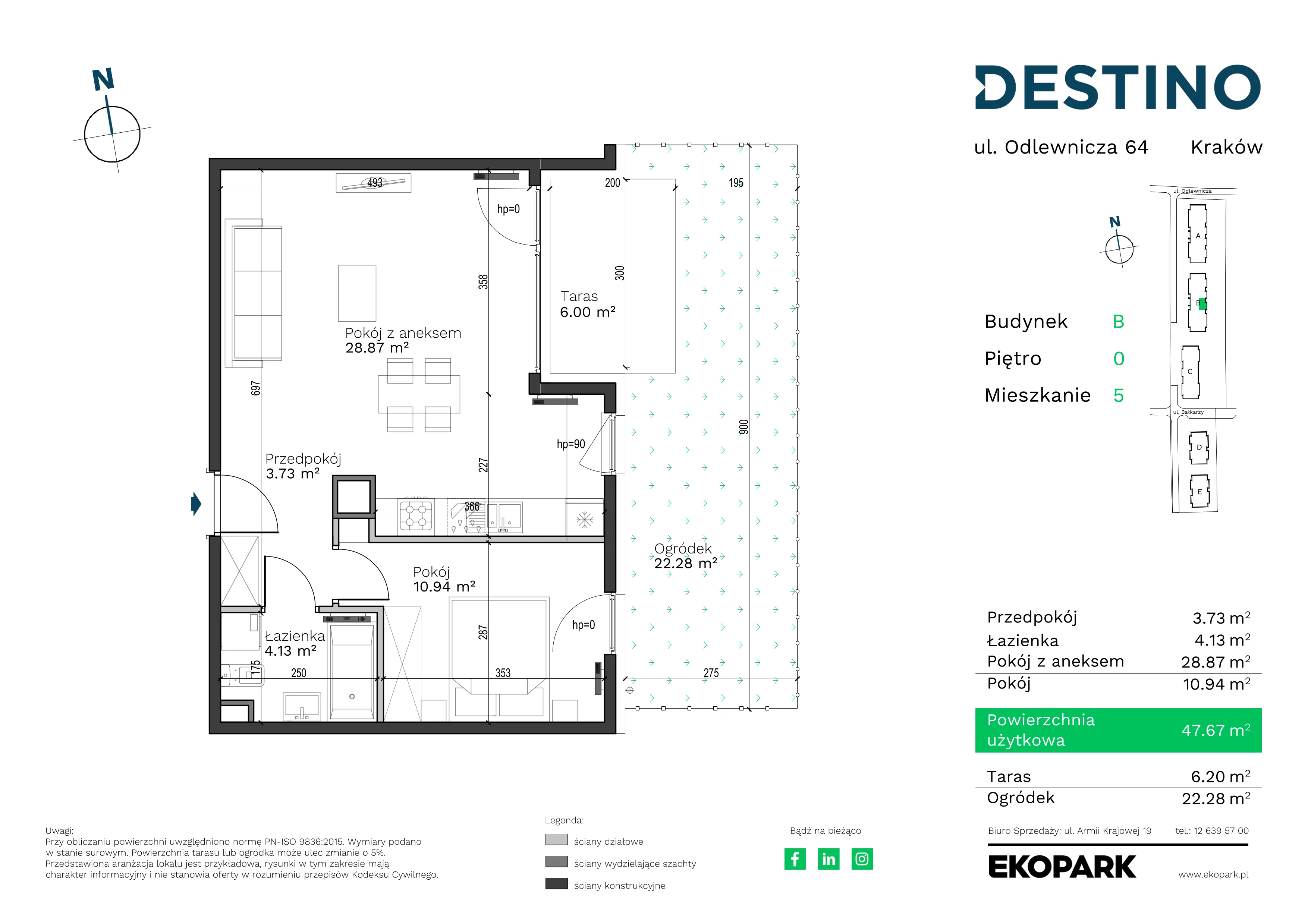 2 pokoje, mieszkanie 47,67 m², parter, oferta nr B-5, Destino, Kraków, Bronowice, Bronowice Małe, ul. Odlewnicza